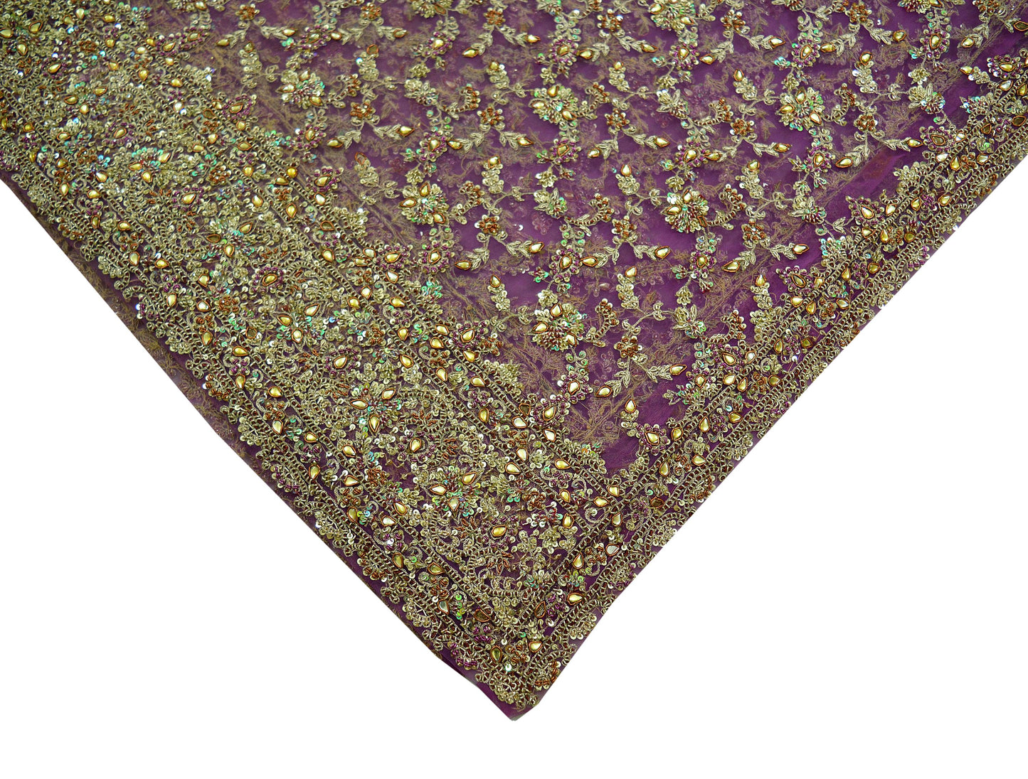 Indian Vintage Heavy Purple Dupatta Net Mesh Long Stole Hand Embroidered Scarves Golden Zardozi Dabka Zari Bridal/Wedding Veil