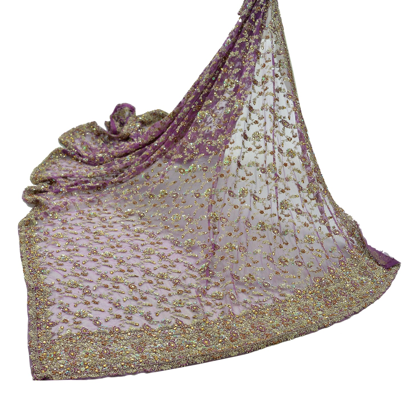Indian Vintage Heavy Purple Dupatta Net Mesh Long Stole Hand Embroidered Scarves Golden Zardozi Dabka Zari Bridal/Wedding Veil