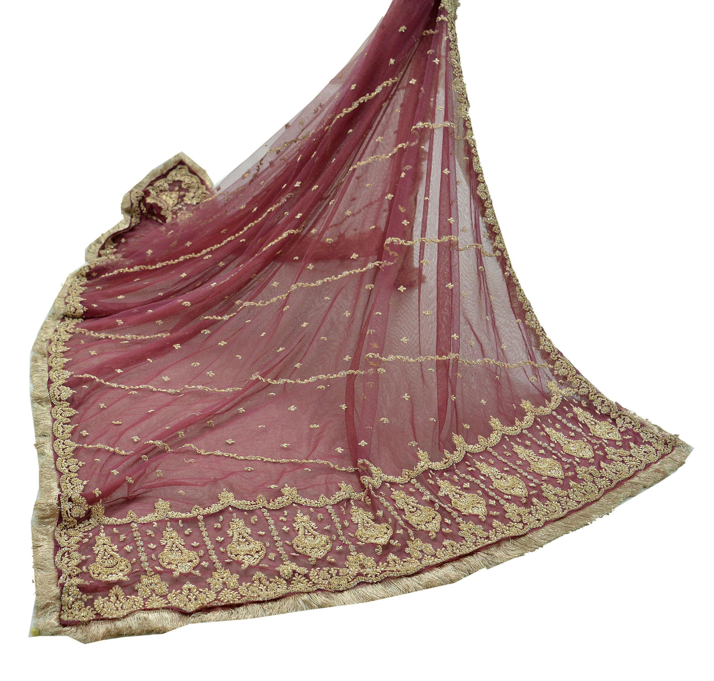 Indian Vintage Heavy Mauve Dupatta Net Mesh Long Stole Hand Embroidered Scarves Zardozi/ Dabka Zari Sequins Bridal Wear Wedding Veil