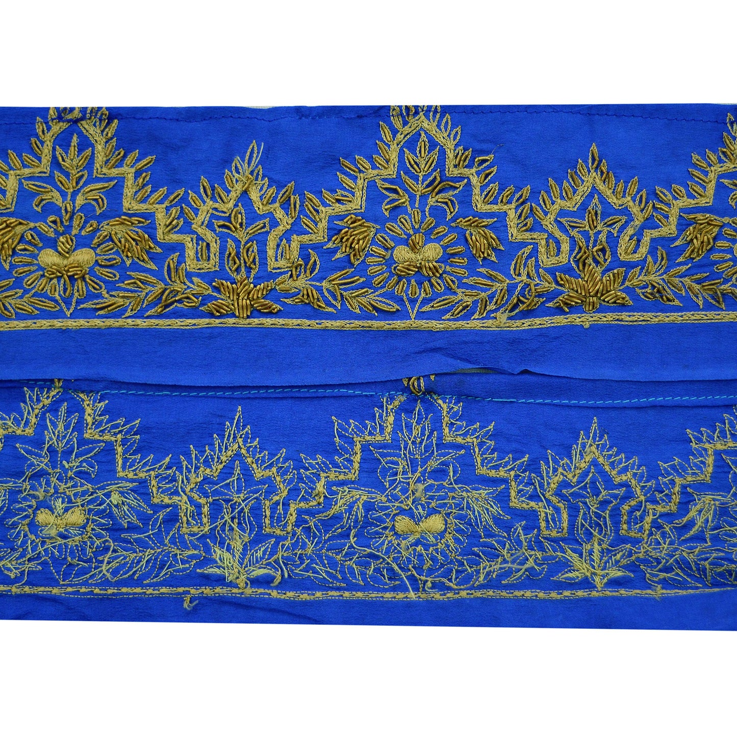 Indian Vintage Blue Sari Border Hand Embroidered 1yd Craft Trim Lace Sewing Sari Ribbon Pure Crepe silk Zardozi/Dabka Zari