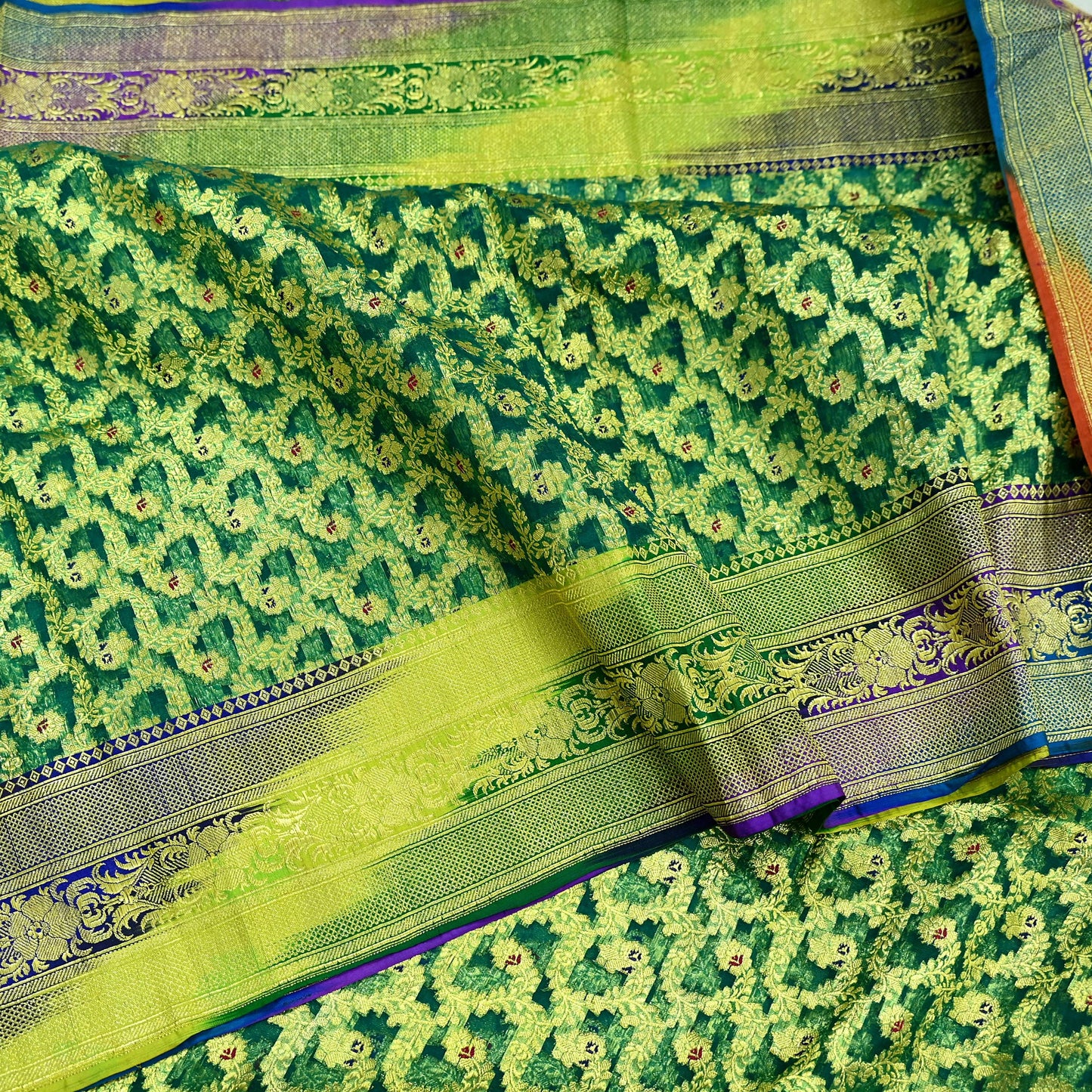 Indian Vintage Sari Heavy Green Pure Organza Silk Woven Brocade Banarasi Sarees Zari 5Yd Ethnic Fabric Dress Making Wedding Sarees