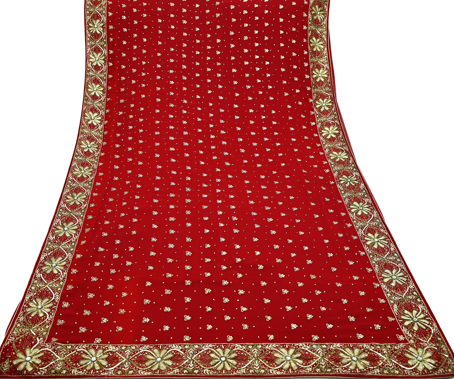 Indian Vintage Heavy Sari Red Pure Georgette Silk Hand Embroidered Sarees Craft Fabric 5Yd Sewing Ethnic Zardozi/dabka zari Wedding sarees