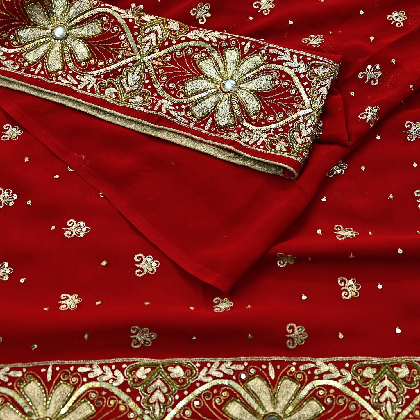 Indian Vintage Heavy Sari Red Pure Georgette Silk Hand Embroidered Sarees Craft Fabric 5Yd Sewing Ethnic Zardozi/dabka zari Wedding sarees