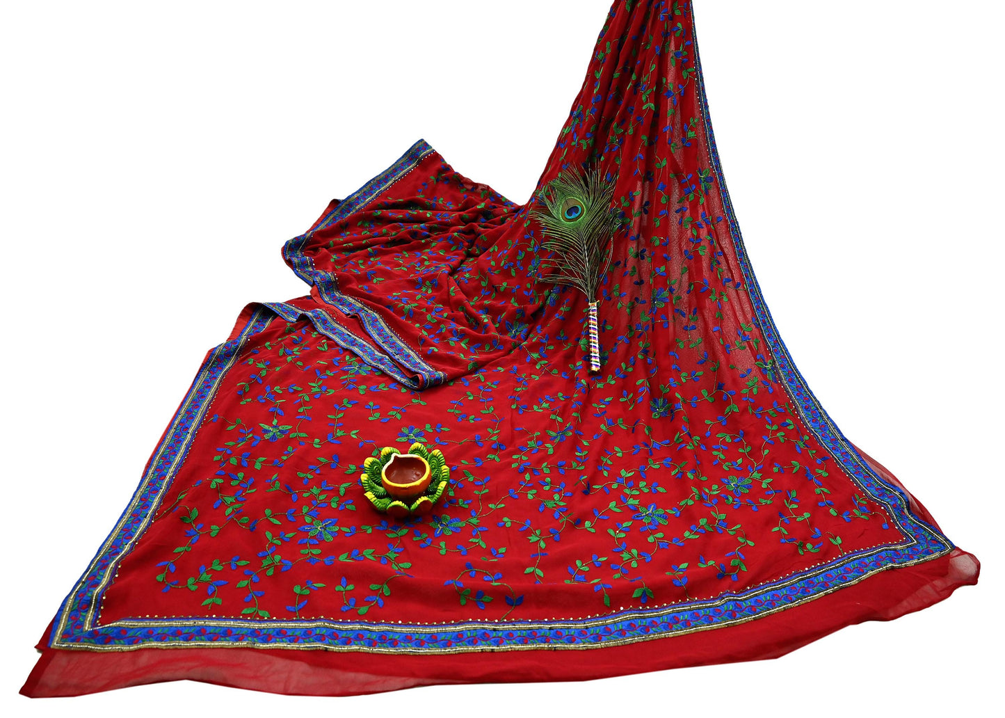 Indian Vintage Heavy Sarees Red Pure Georgette Silk Hand Embroidered Sari Fabric 6Yd Sewing Ethnic Sequins Wedding sarees