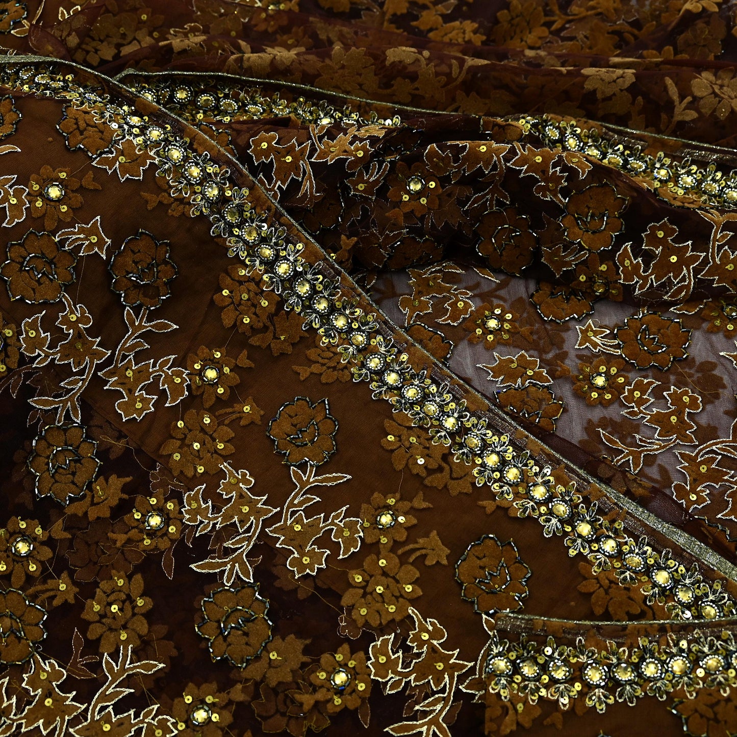 Indian Vintage Heavy Coffee Brown Saree Net/Mesh Hand Beaded Sari Fabric 5Yd Sewing Soft Ethnic Zari Wedding Bollywood Sarees