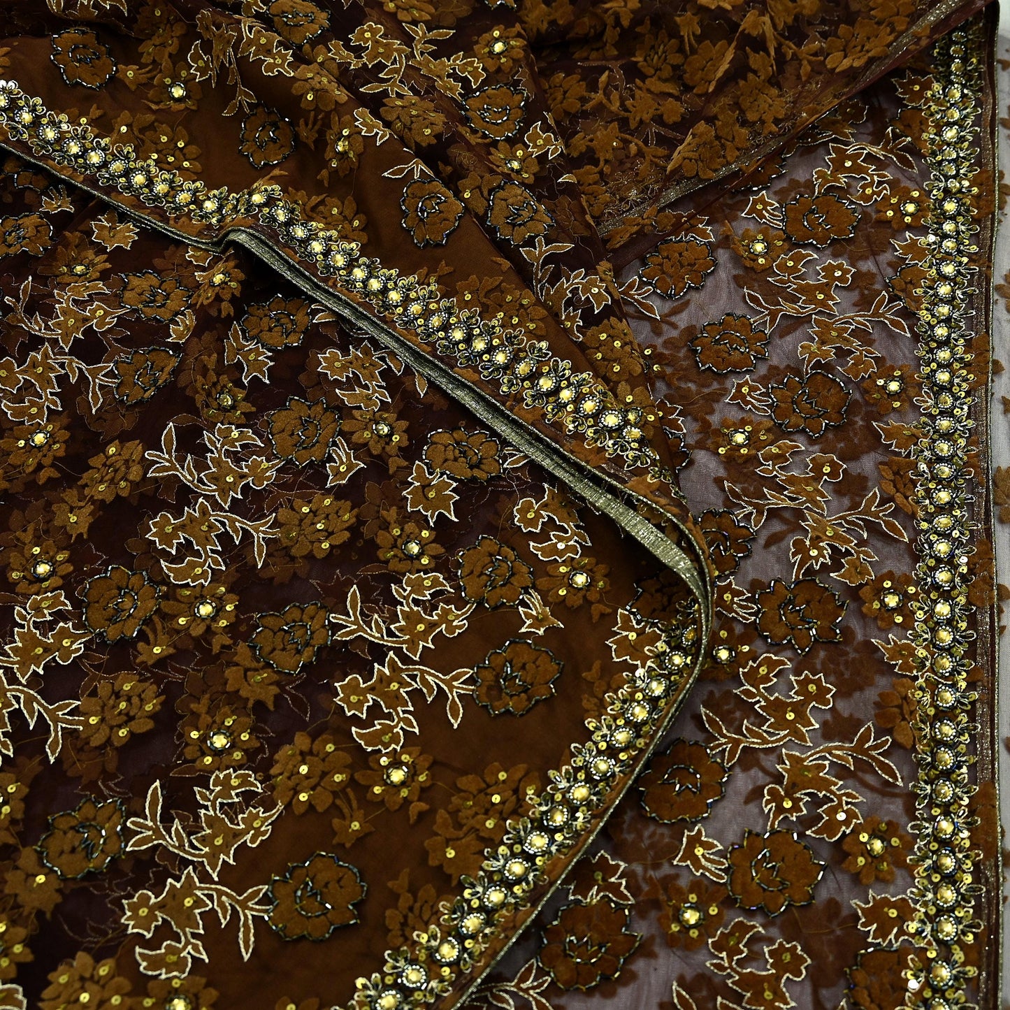 Indian Vintage Heavy Coffee Brown Saree Net/Mesh Hand Beaded Sari Fabric 5Yd Sewing Soft Ethnic Zari Wedding Bollywood Sarees