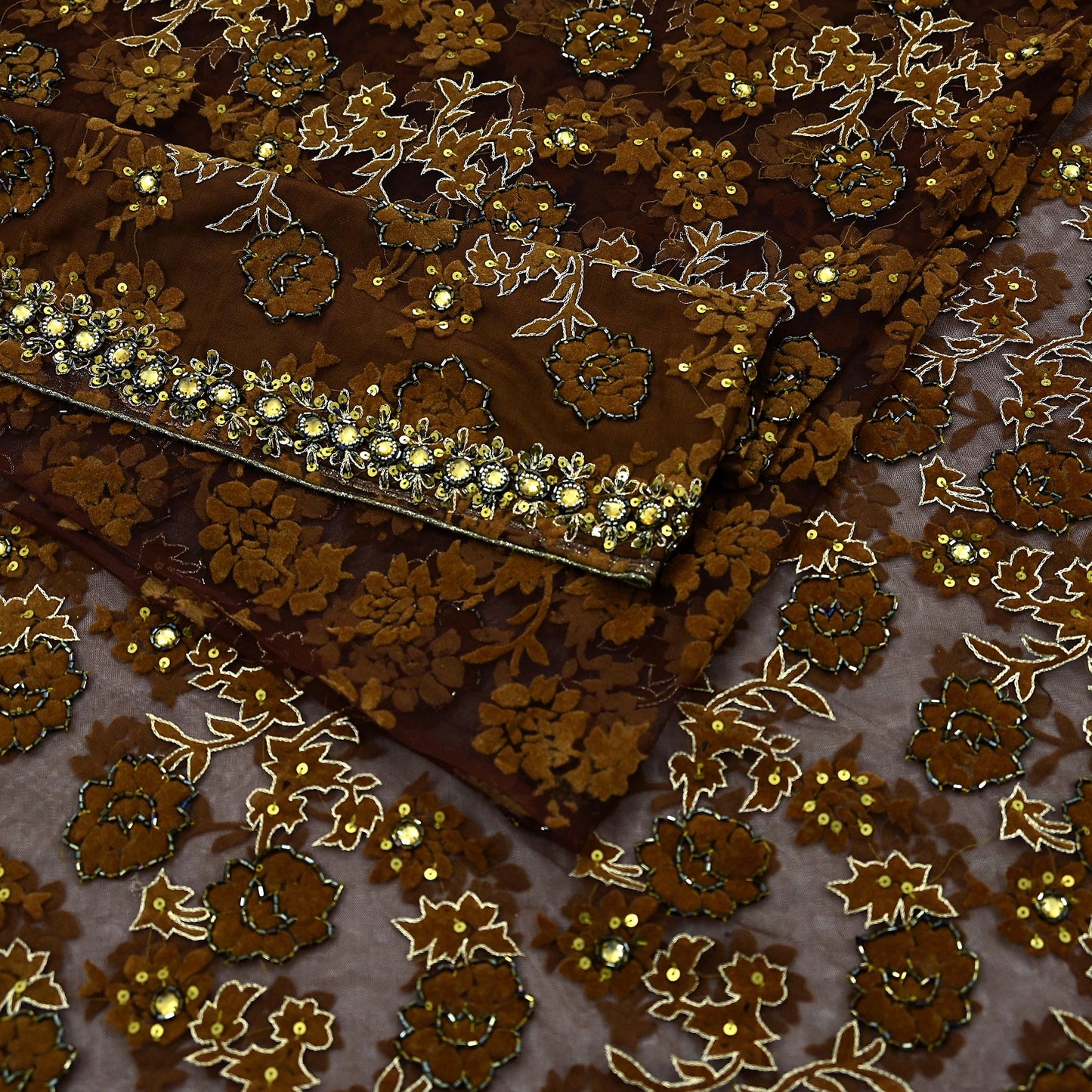 Indian Vintage Heavy Coffee Brown Saree Net/Mesh Hand Beaded Sari Fabric 5Yd Sewing Soft Ethnic Zari Wedding Bollywood Sarees