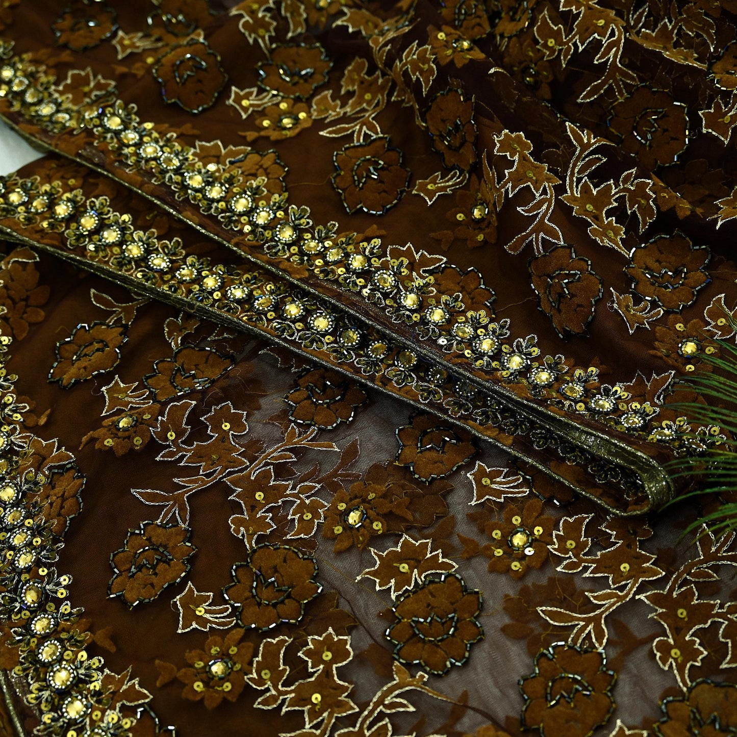 Indian Vintage Heavy Coffee Brown Saree Net/Mesh Hand Beaded Sari Fabric 5Yd Sewing Soft Ethnic Zari Wedding Bollywood Sarees