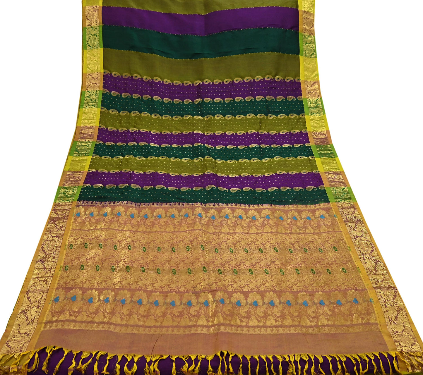 Indian Vintage Heavy Multi Kanjivaram Saree 100% Pure Silk Sari Metallic Golden Zari 5Yd Floral Crafting Dress making