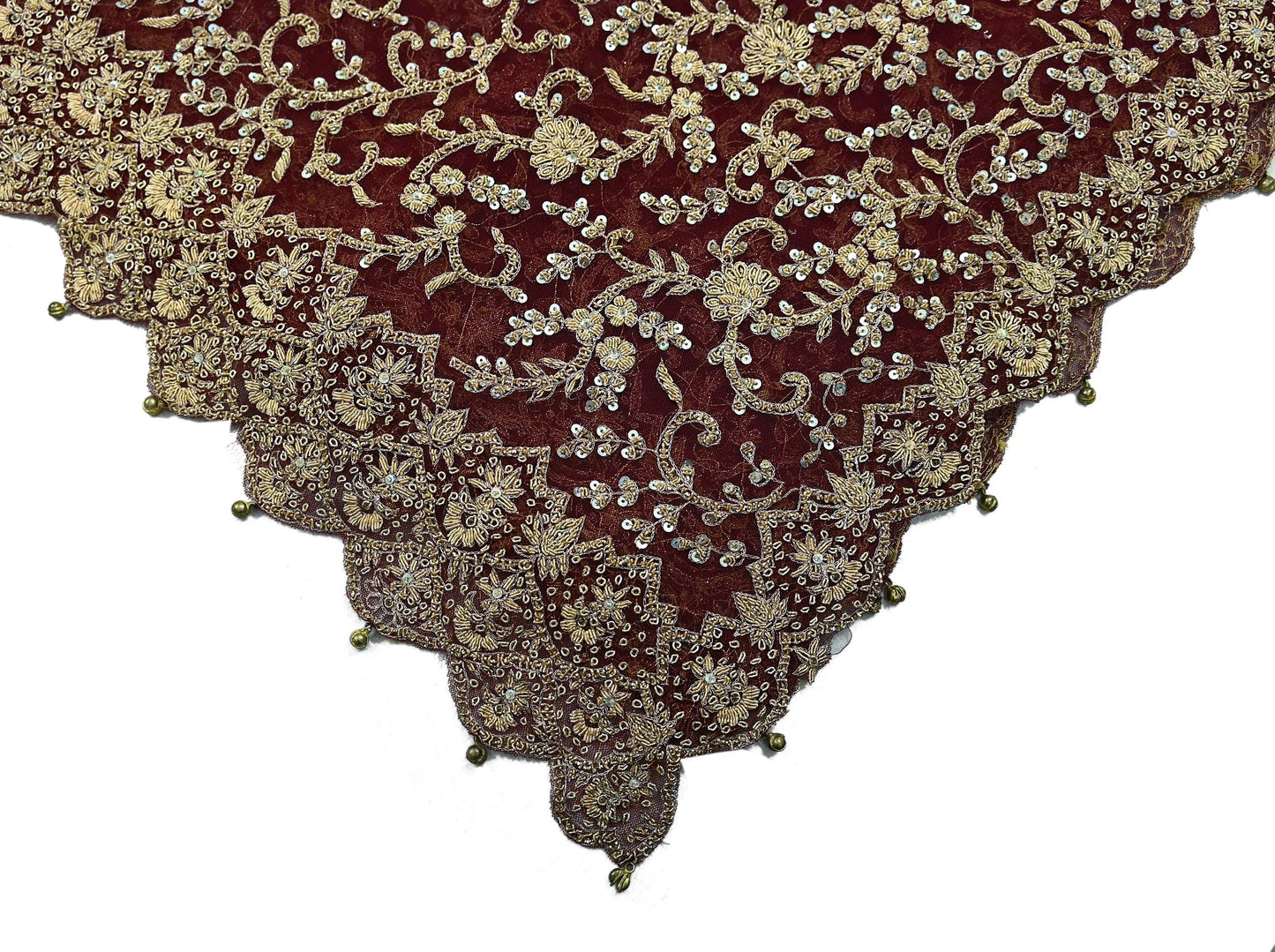 Indian Vintage Heavy Wedding Maroon Dupatta Net Mesh Long Stole Hand Embroidered Scarves Golden Zardozi Zari Sequins Dridal Veil Hijab
