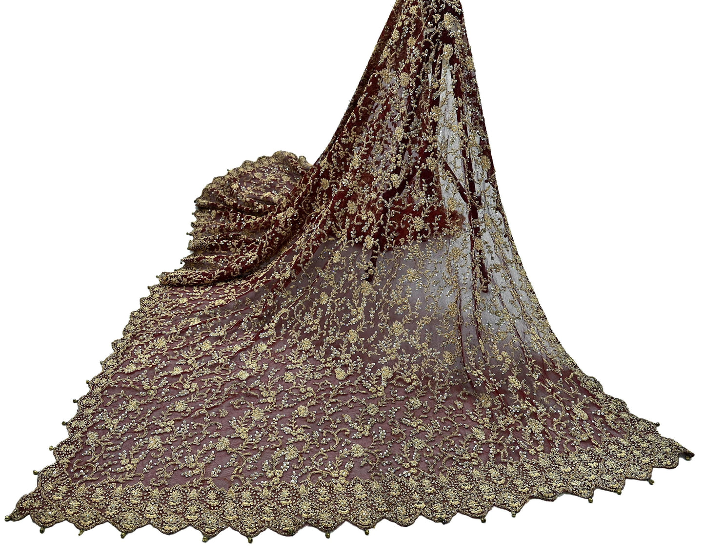 Indian Vintage Heavy Wedding Maroon Dupatta Net Mesh Long Stole Hand Embroidered Scarves Golden Zardozi Zari Sequins Dridal Veil Hijab