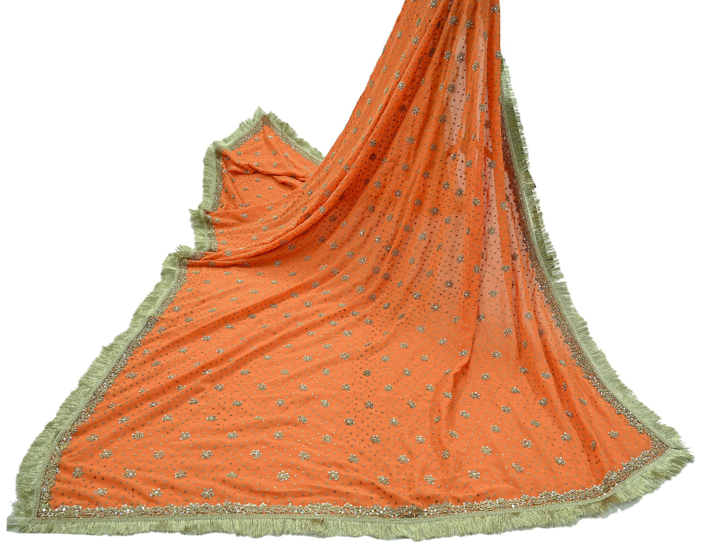 Indian Vintage Heavy Orange Dupatta Pure Georgette Silk Long Stole Hand Embroidered Scarf Zari Zardozi Wedding/ Bridal Veil Hijab
