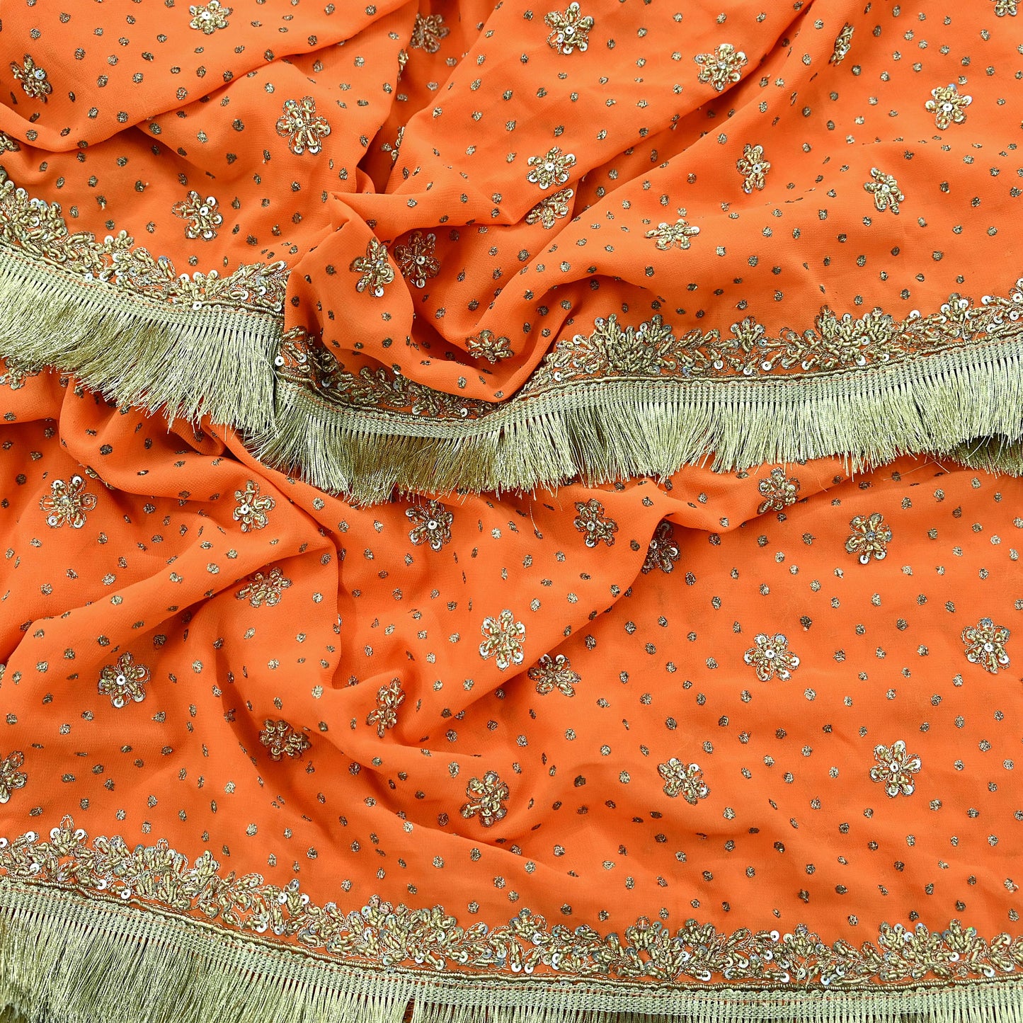 Indian Vintage Heavy Orange Dupatta Pure Georgette Silk Long Stole Hand Embroidered Scarf Zari Zardozi Wedding/ Bridal Veil Hijab