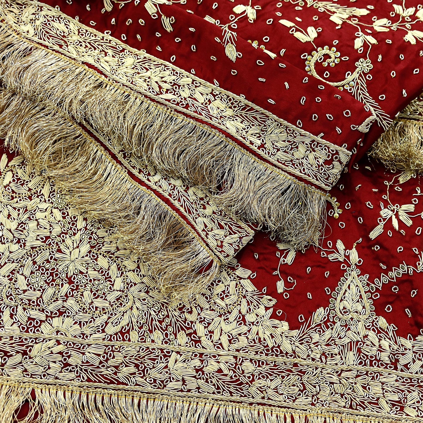 Indian Vintage Heavy Wedding Maroon Dupatta Pure Satin Silk Long Stole Hand Embroidered Scarves Golden Zardozi Stole Fringes Bridal veil