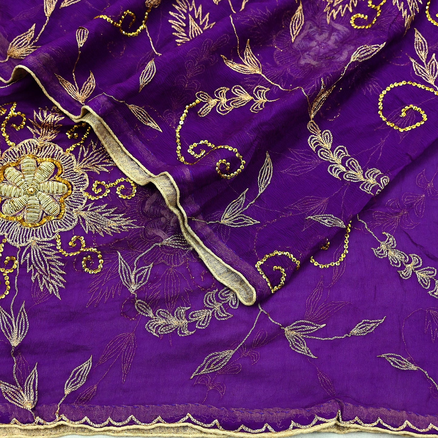 Indian Vintage Heavy Purple Dupatta Pure Chiffon silk Long Stole Hand Embroidered Scarves Floral Design Stole Veil Wrap Zari Zardozi