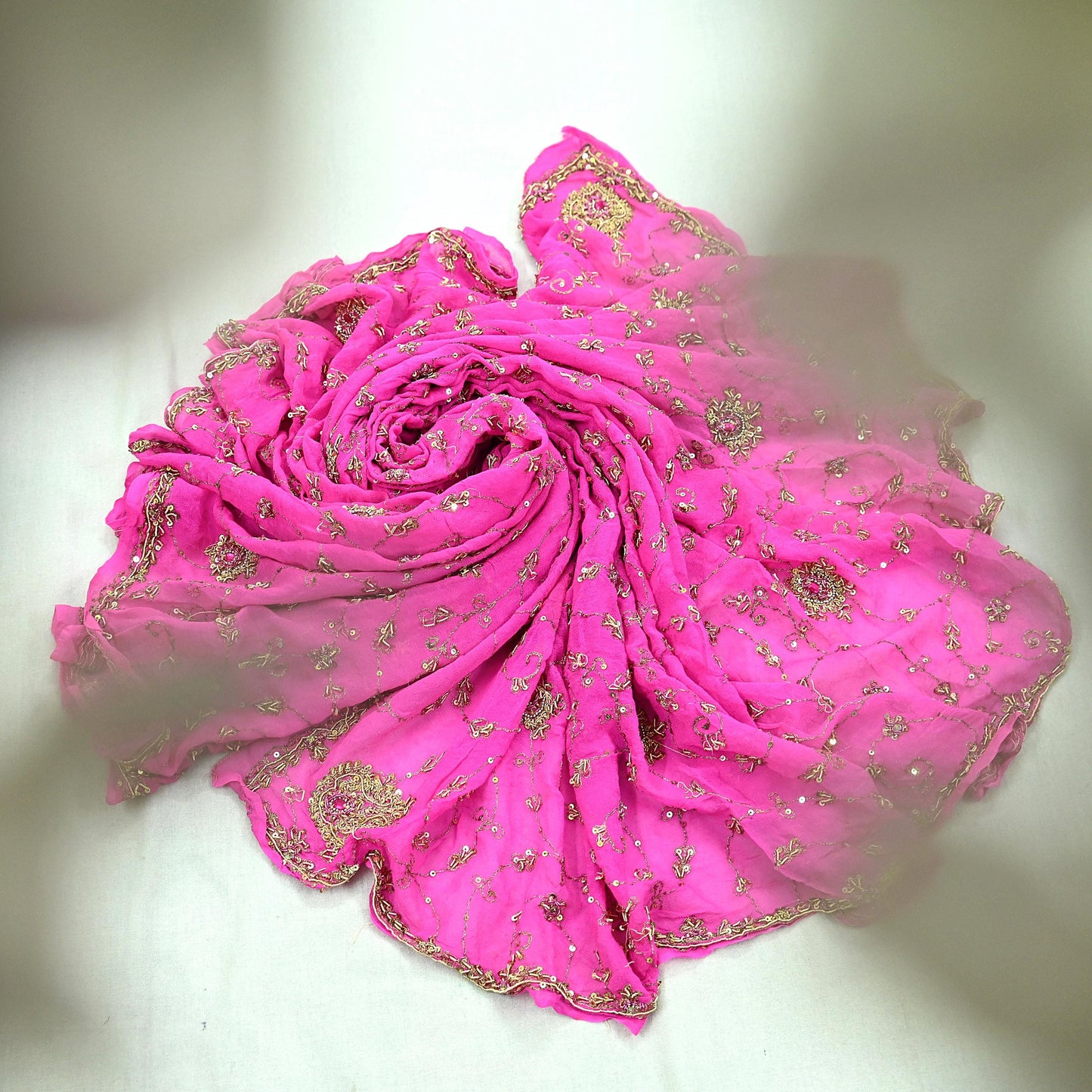 Indian Vintage Heavy Pink Dupatta Pure Georgette Silk Long Stole Hand Embroidered Scarves Scarf Zari Zardozi Bridal/Wedding Veil