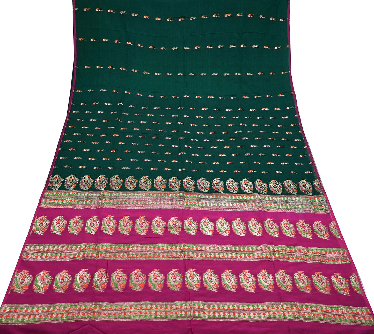Indian Vintage Sari Green & Pink Hand Woven Sarees 100% Pure Silk Zari 5Yd Craft Fabric Sewing Dress making Quilting Crafting