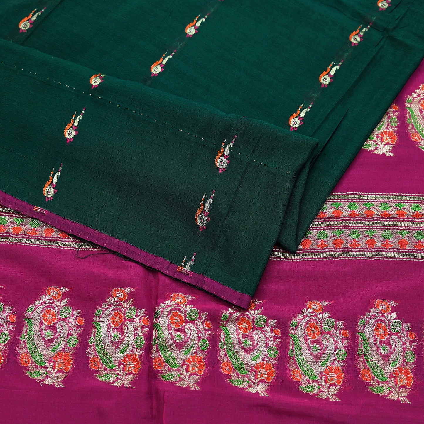 Indian Vintage Sari Green & Pink Hand Woven Sarees 100% Pure Silk Zari 5Yd Craft Fabric Sewing Dress making Quilting Crafting