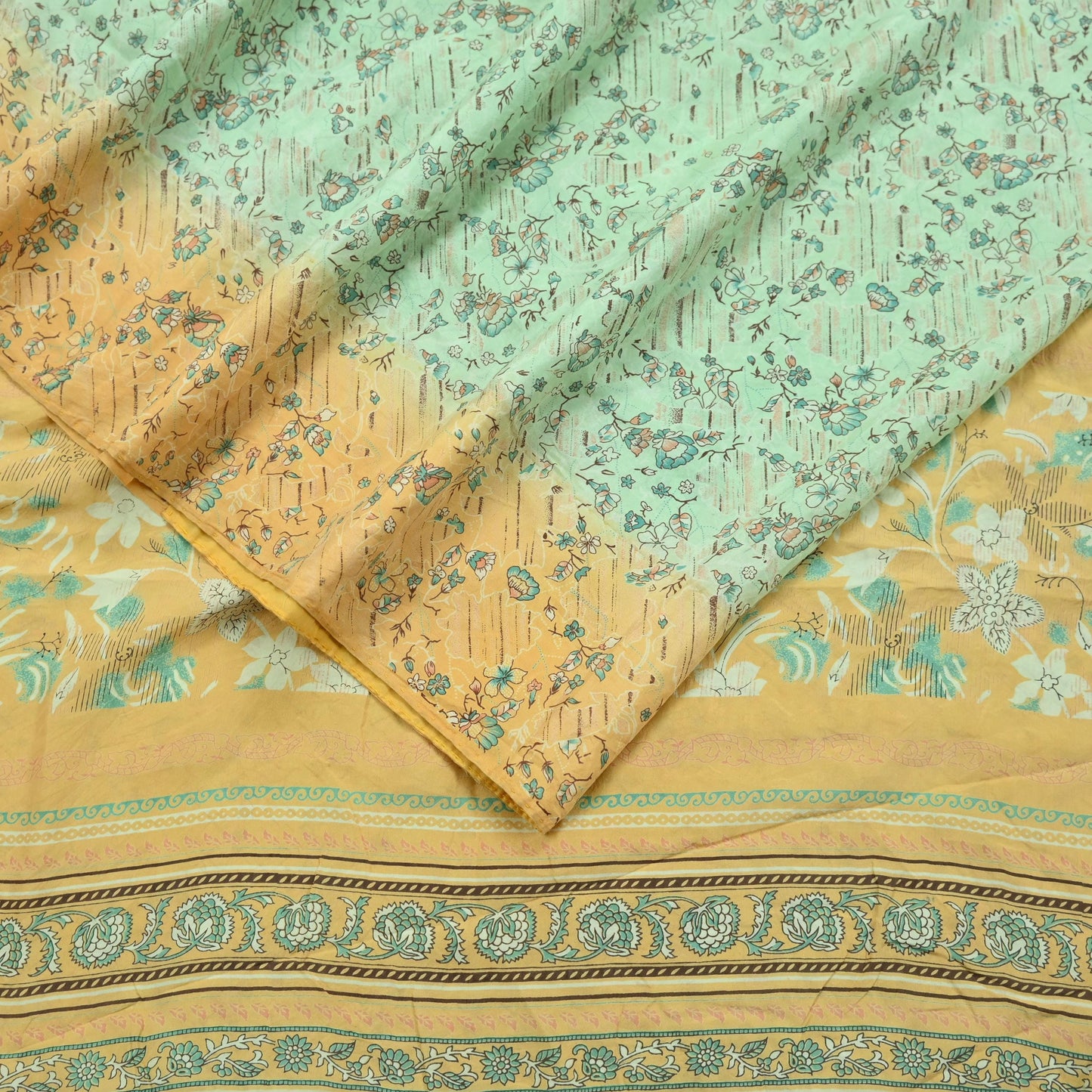 Indian Vintage Sari Green & Beige Pure Silk Printed Sarees Craft Fabric 5yd Sewing Floral Dress Making Soft Crafting Quilting Upcycle