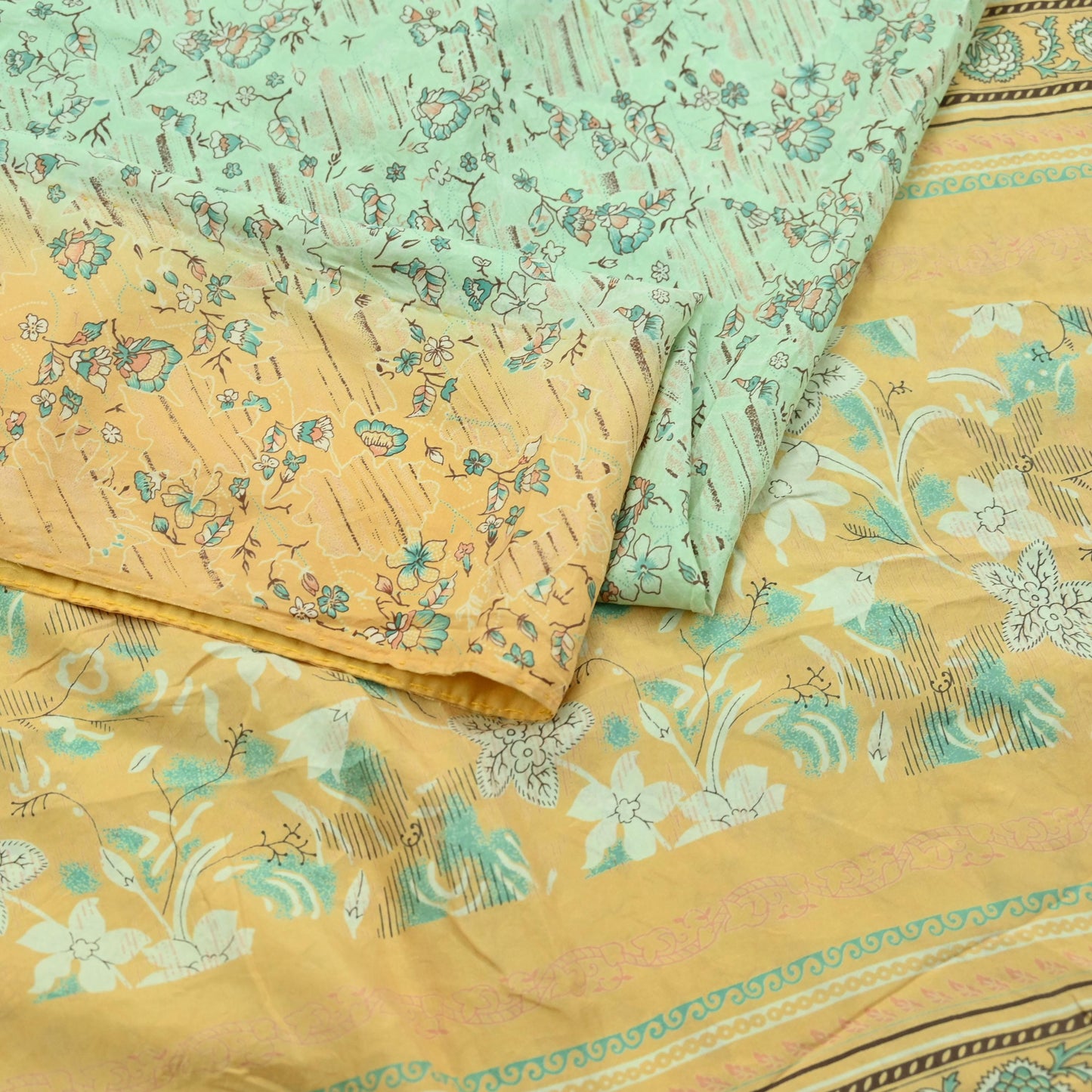 Indian Vintage Sari Green & Beige Pure Silk Printed Sarees Craft Fabric 5yd Sewing Floral Dress Making Soft Crafting Quilting Upcycle