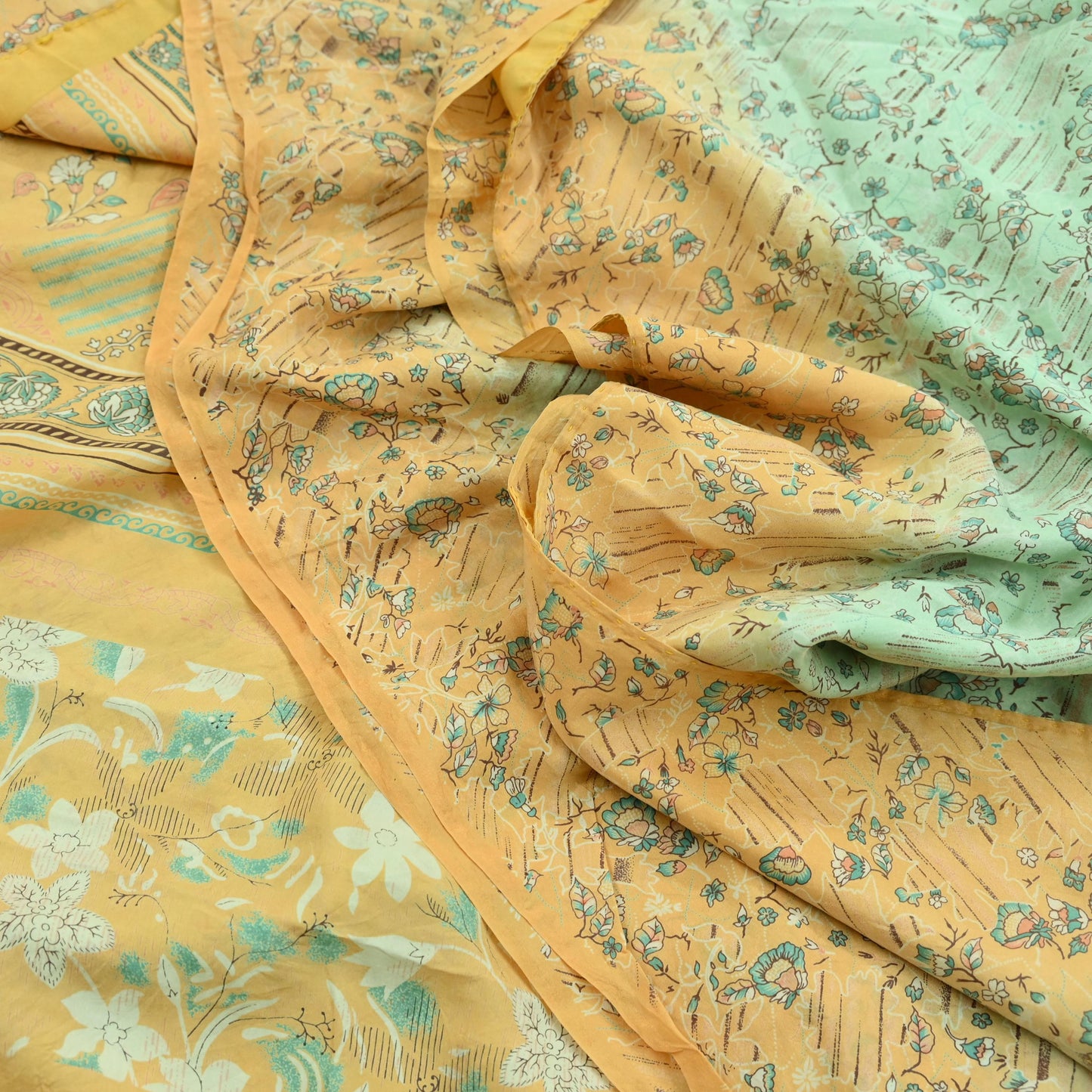 Indian Vintage Sari Green & Beige Pure Silk Printed Sarees Craft Fabric 5yd Sewing Floral Dress Making Soft Crafting Quilting Upcycle