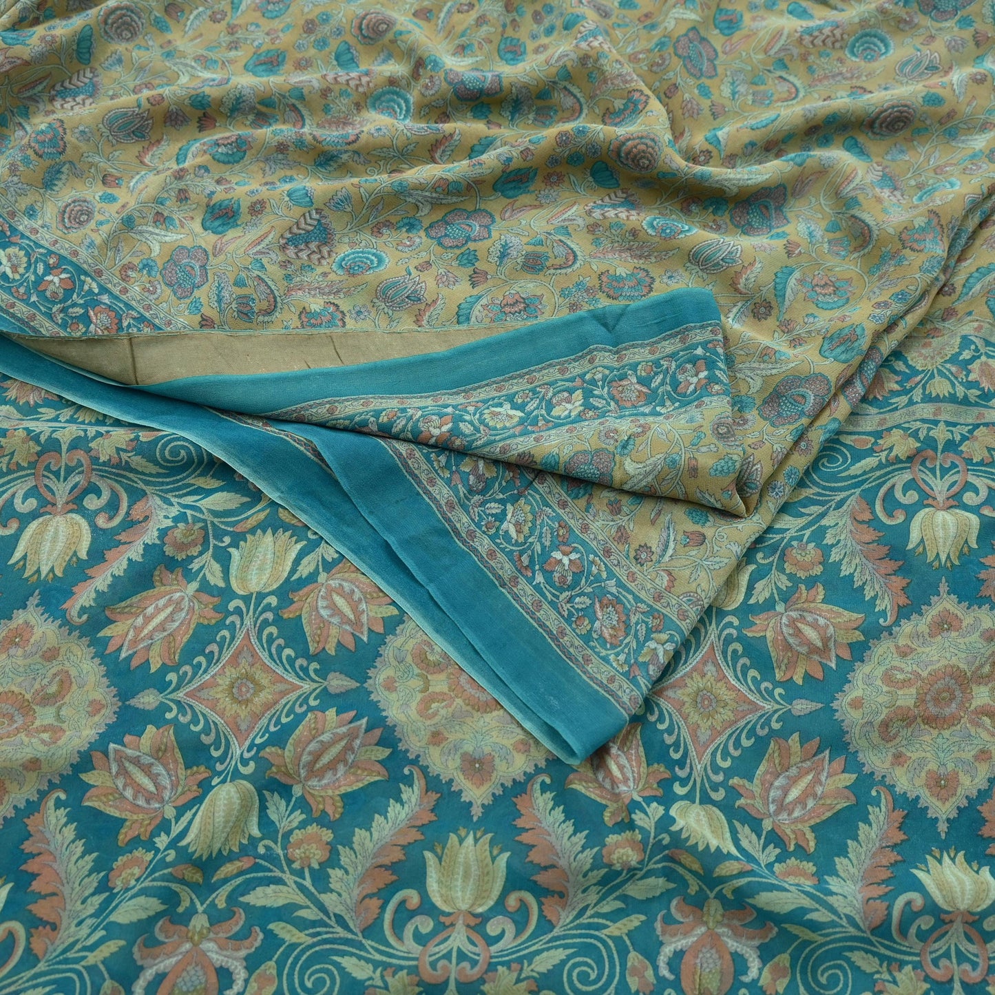 Indian Vintage Sari Beige & Blue Pure Georgette Silk Sarees Craft Fabric Sewing 5Yd Soft Light Dress Making Floral Upcycle Quilting Crafting
