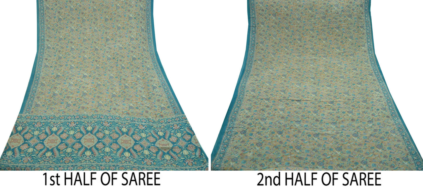 Indian Vintage Sari Beige & Blue Pure Georgette Silk Sarees Craft Fabric Sewing 5Yd Soft Light Dress Making Floral Upcycle Quilting Crafting