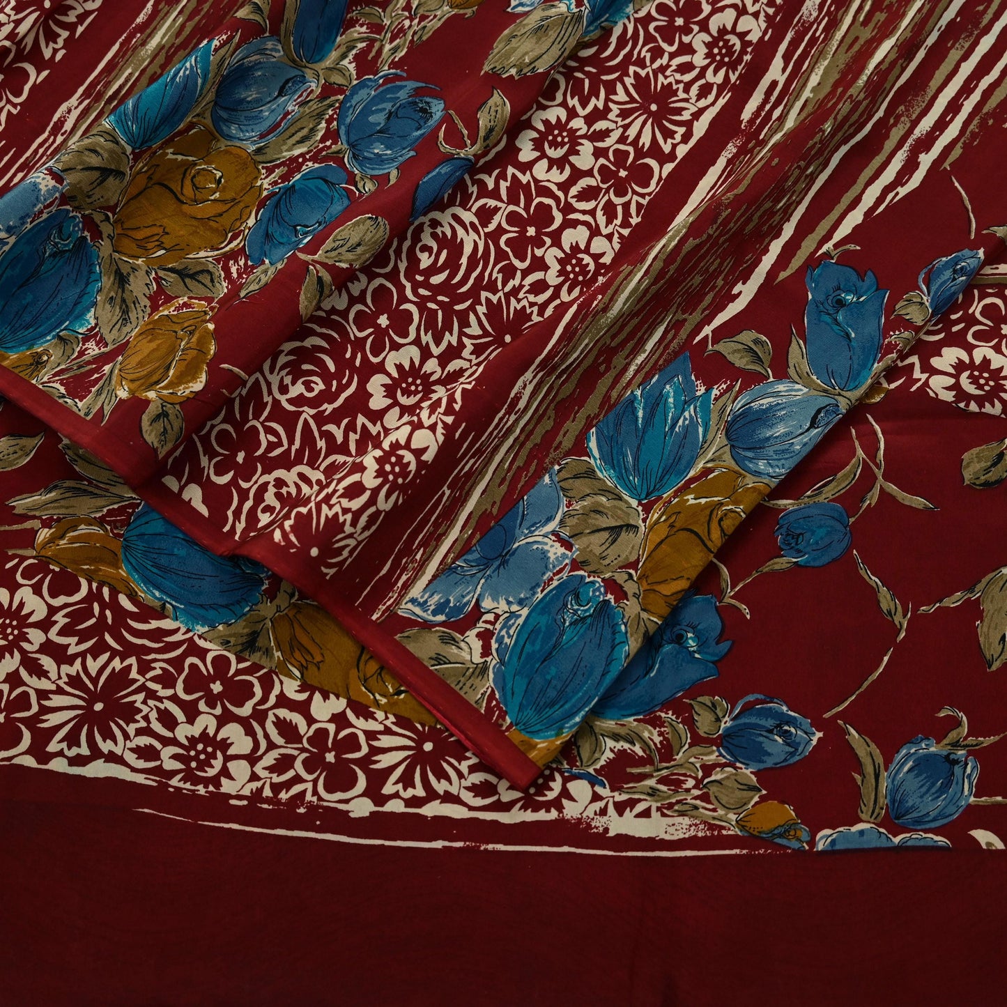 Indian Vintage Sari Maroon Pure Crepe Silk Printed Saree 5yd Sewing Floral Soft Craft Fabric Ethnic Wrap Dress making Crafting Quilting