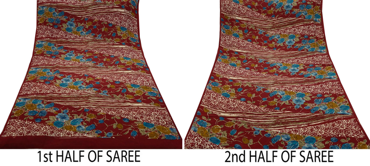 Indian Vintage Sari Maroon Pure Crepe Silk Printed Saree 5yd Sewing Floral Soft Craft Fabric Ethnic Wrap Dress making Crafting Quilting