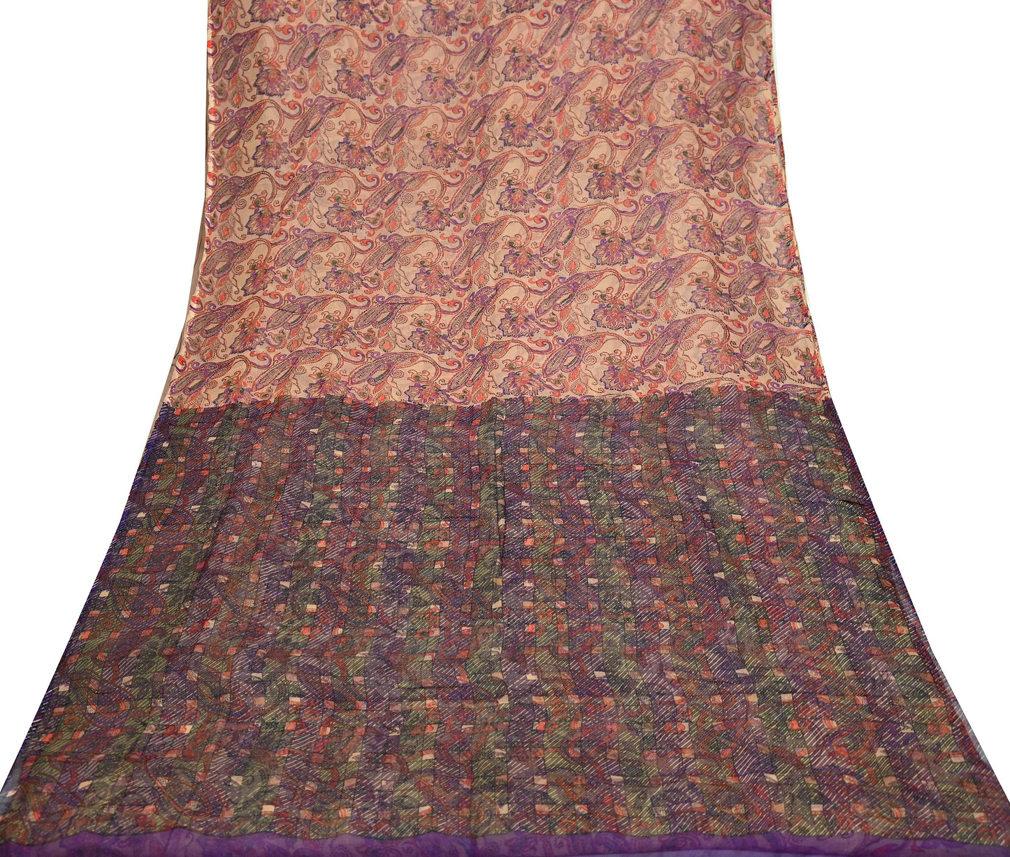 Women Vintage Sari Beige & Purple Pure Chiffon Silk Printed Saree Craft Fabric Sewing 6Yd Soft Light Sari Dress Making Floral