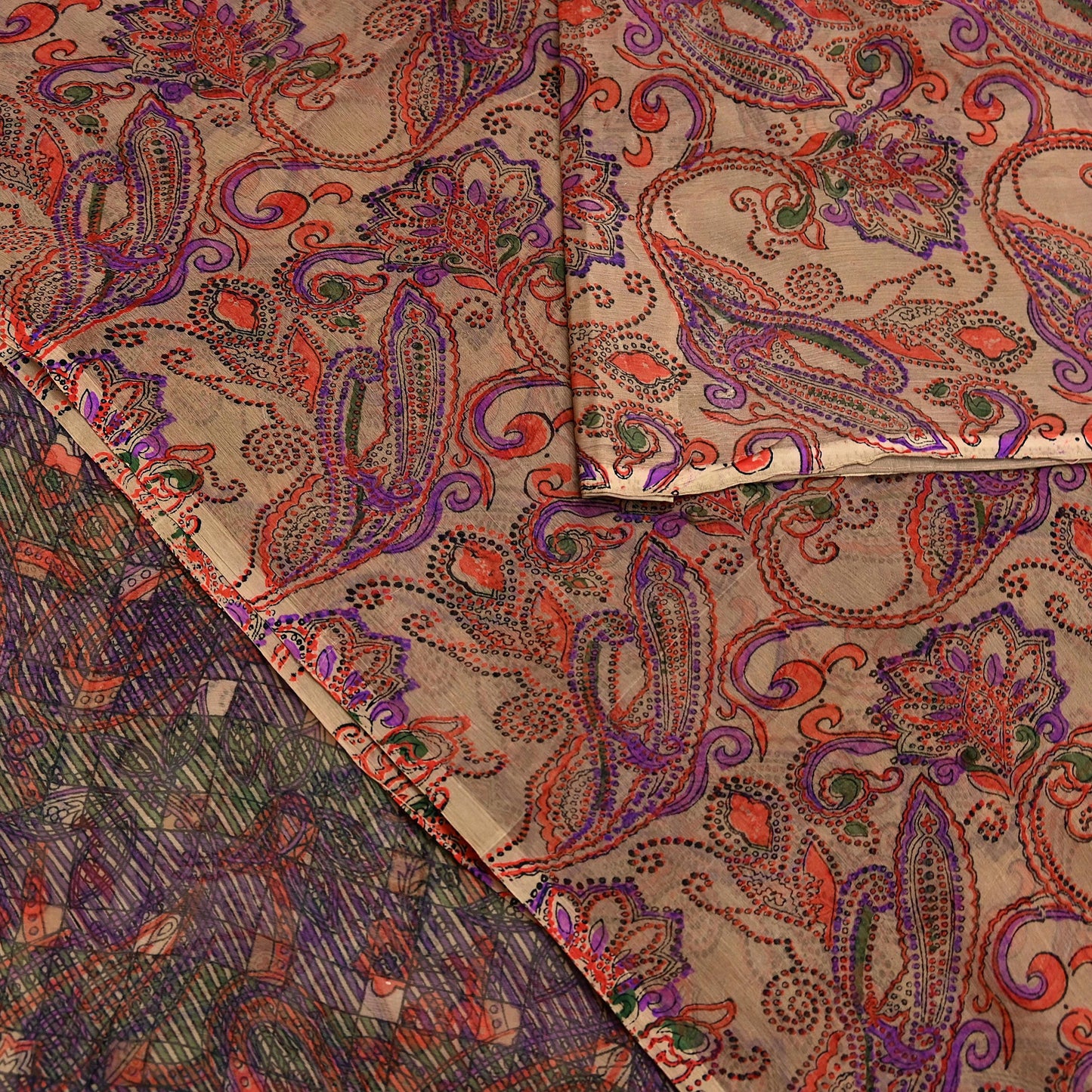 Women Vintage Sari Beige & Purple Pure Chiffon Silk Printed Saree Craft Fabric Sewing 6Yd Soft Light Sari Dress Making Floral