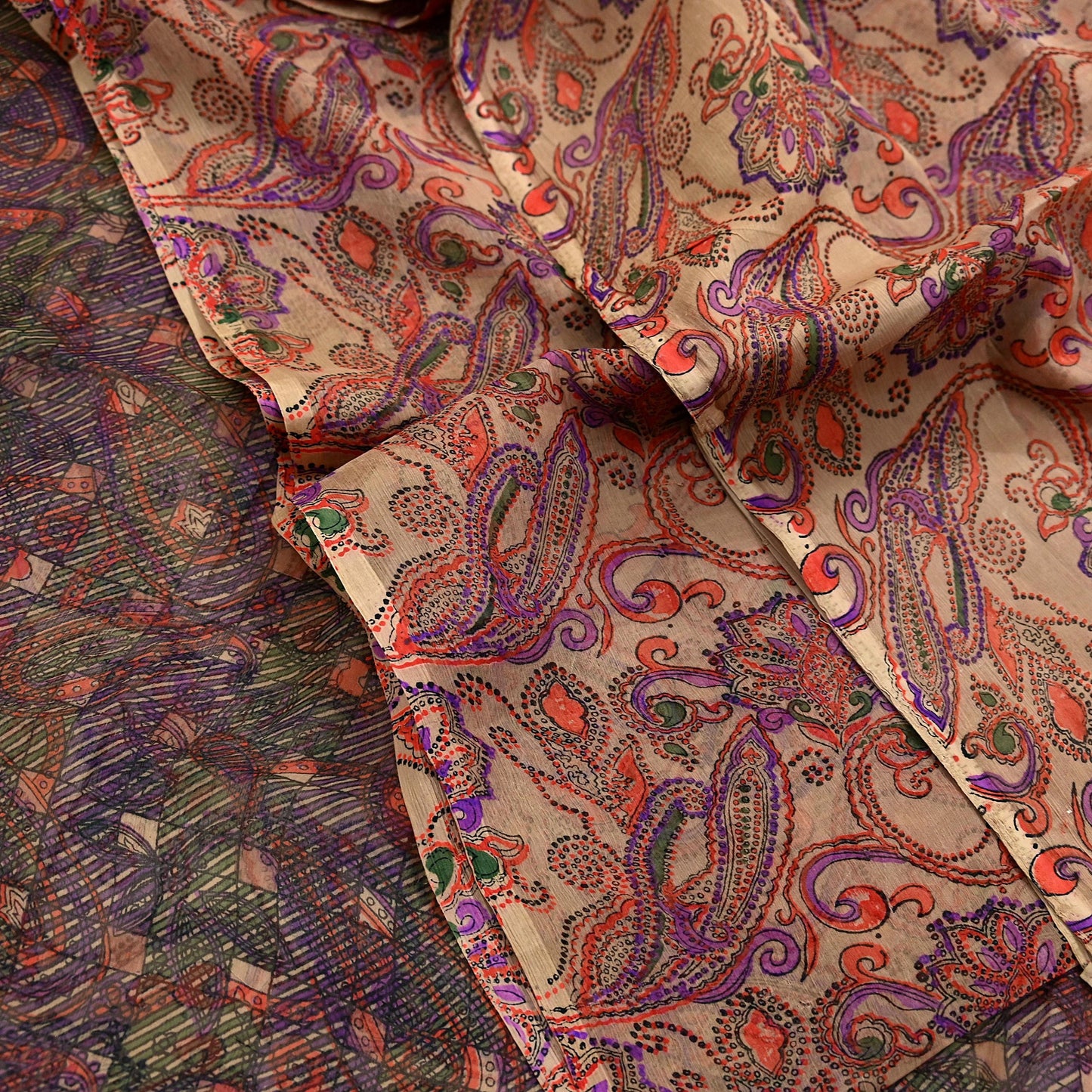 Women Vintage Sari Beige & Purple Pure Chiffon Silk Printed Saree Craft Fabric Sewing 6Yd Soft Light Sari Dress Making Floral