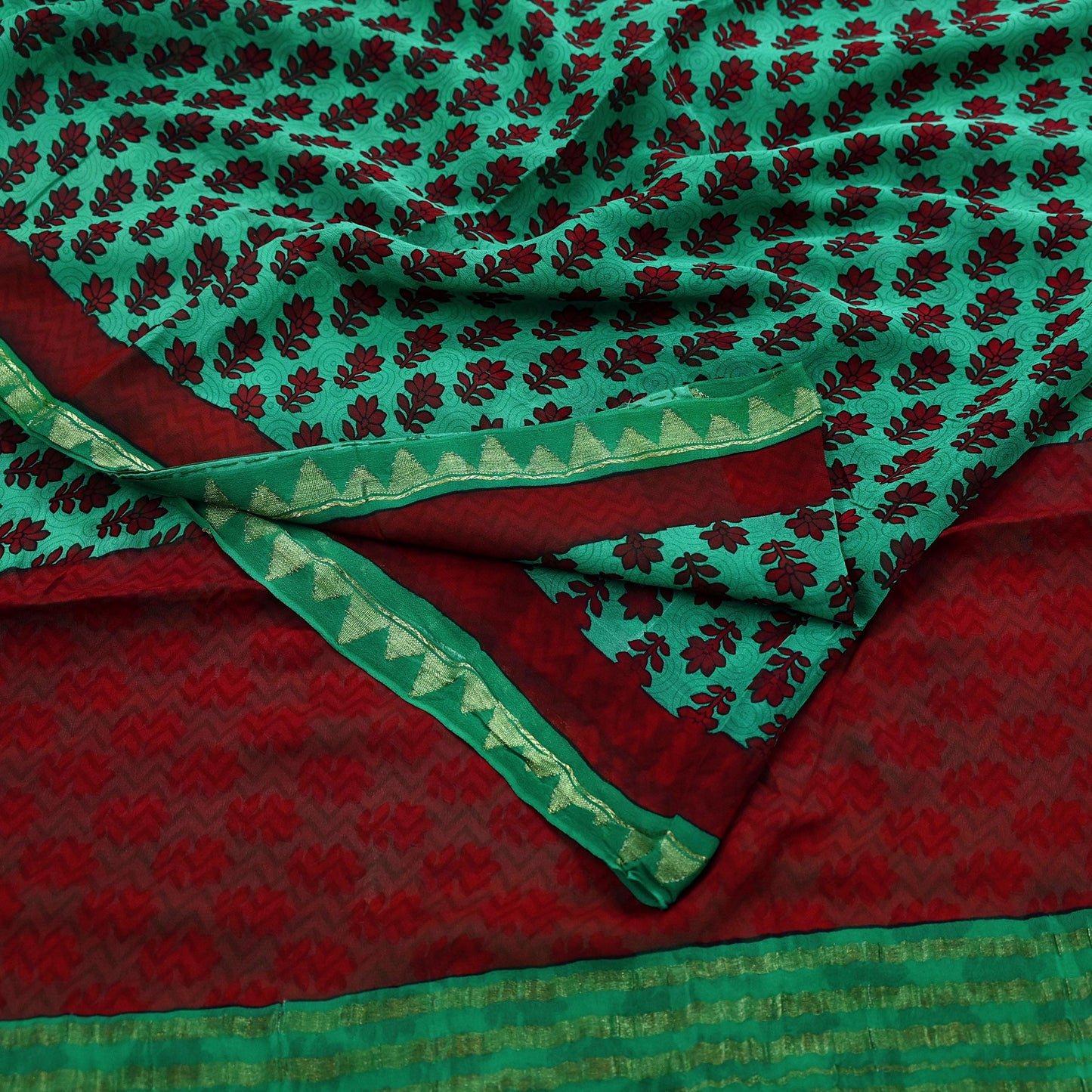 Indian Vintage Sari Green & Maroon Pure Georgette Silk Printed Sarees Craft Fabric Sewing 5Yd Soft Dress Making Crafting Quilting Zari