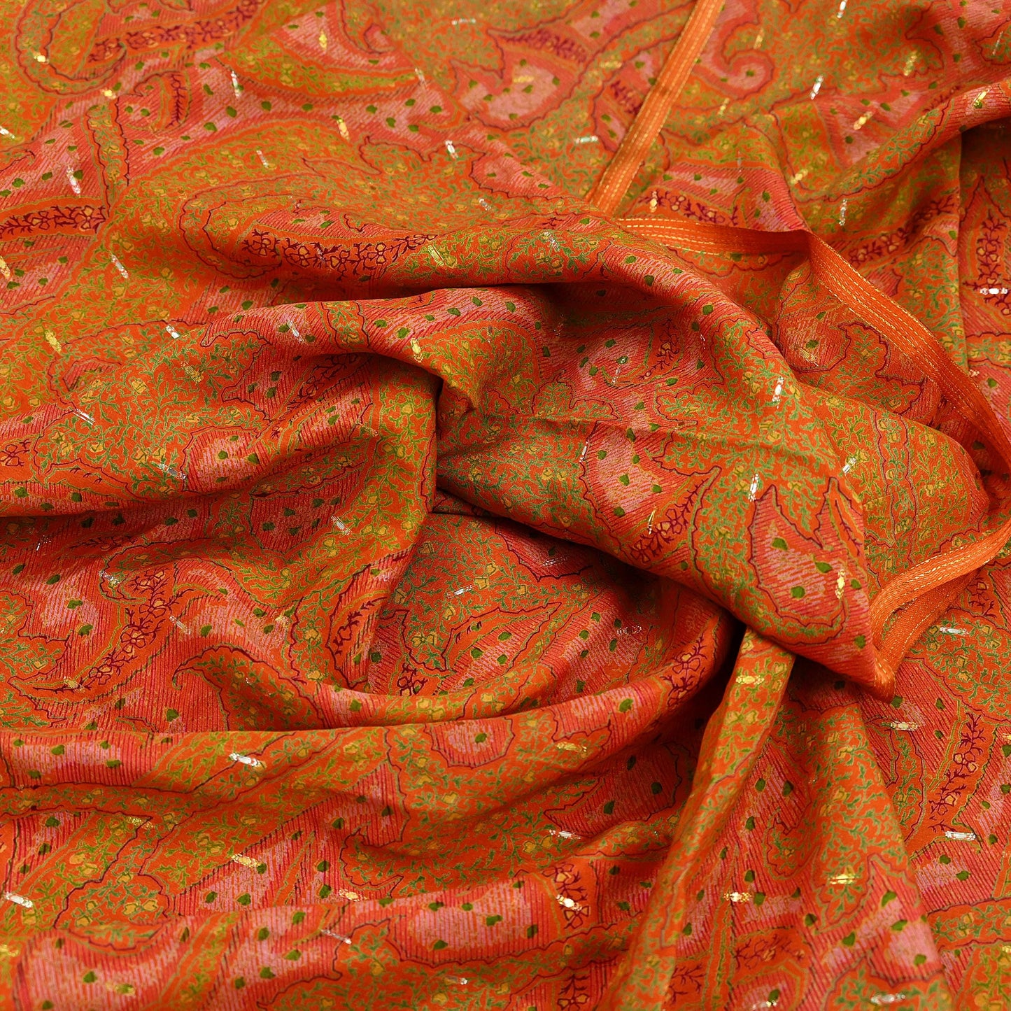 Indian Vintage Sari Orange 100% Pure Silk Printed Sarees 5yd Sewing Craft Fabric Zari Dress Making Soft Wrap Quilting Used Crafting Upcycle