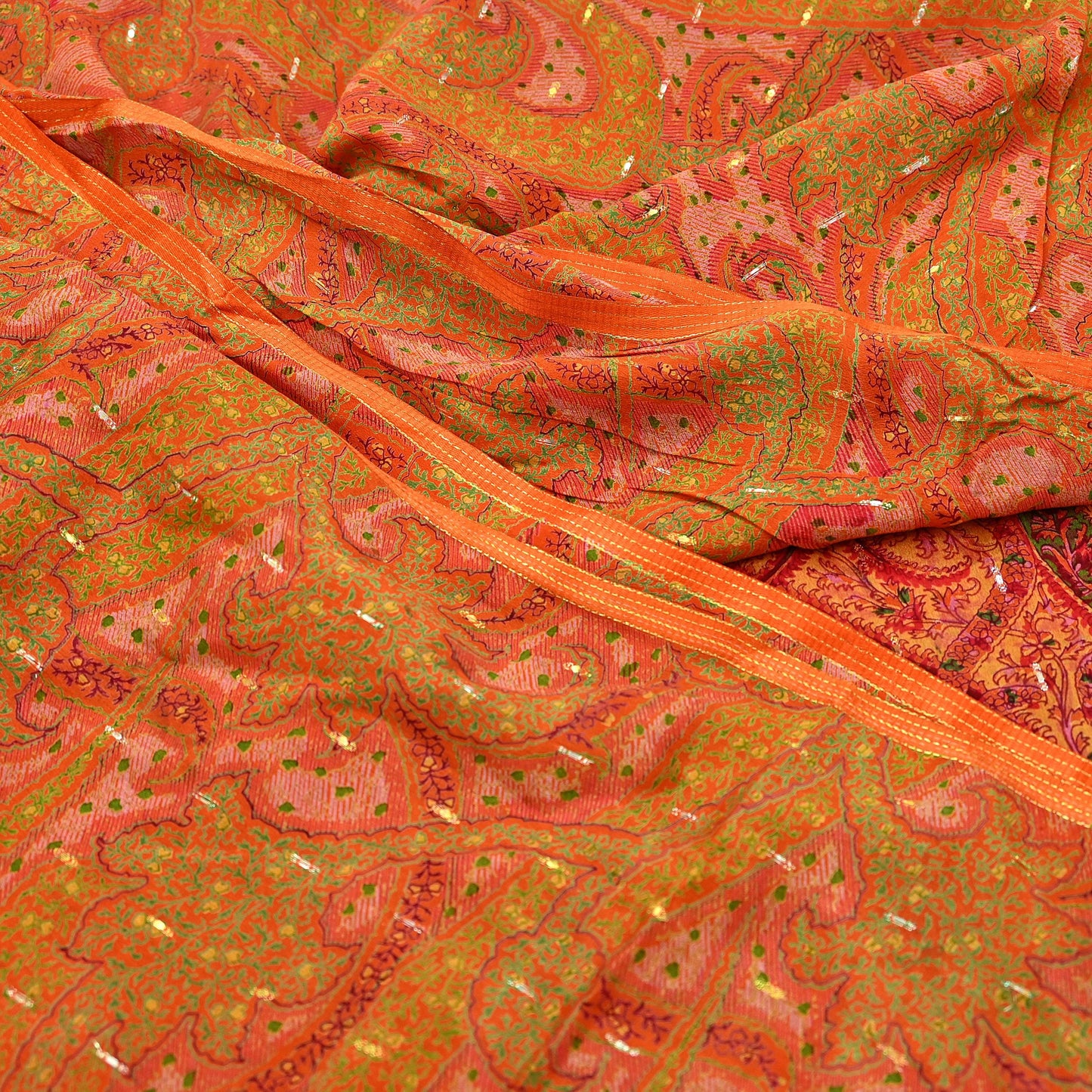 Indian Vintage Sari Orange 100% Pure Silk Printed Sarees 5yd Sewing Craft Fabric Zari Dress Making Soft Wrap Quilting Used Crafting Upcycle