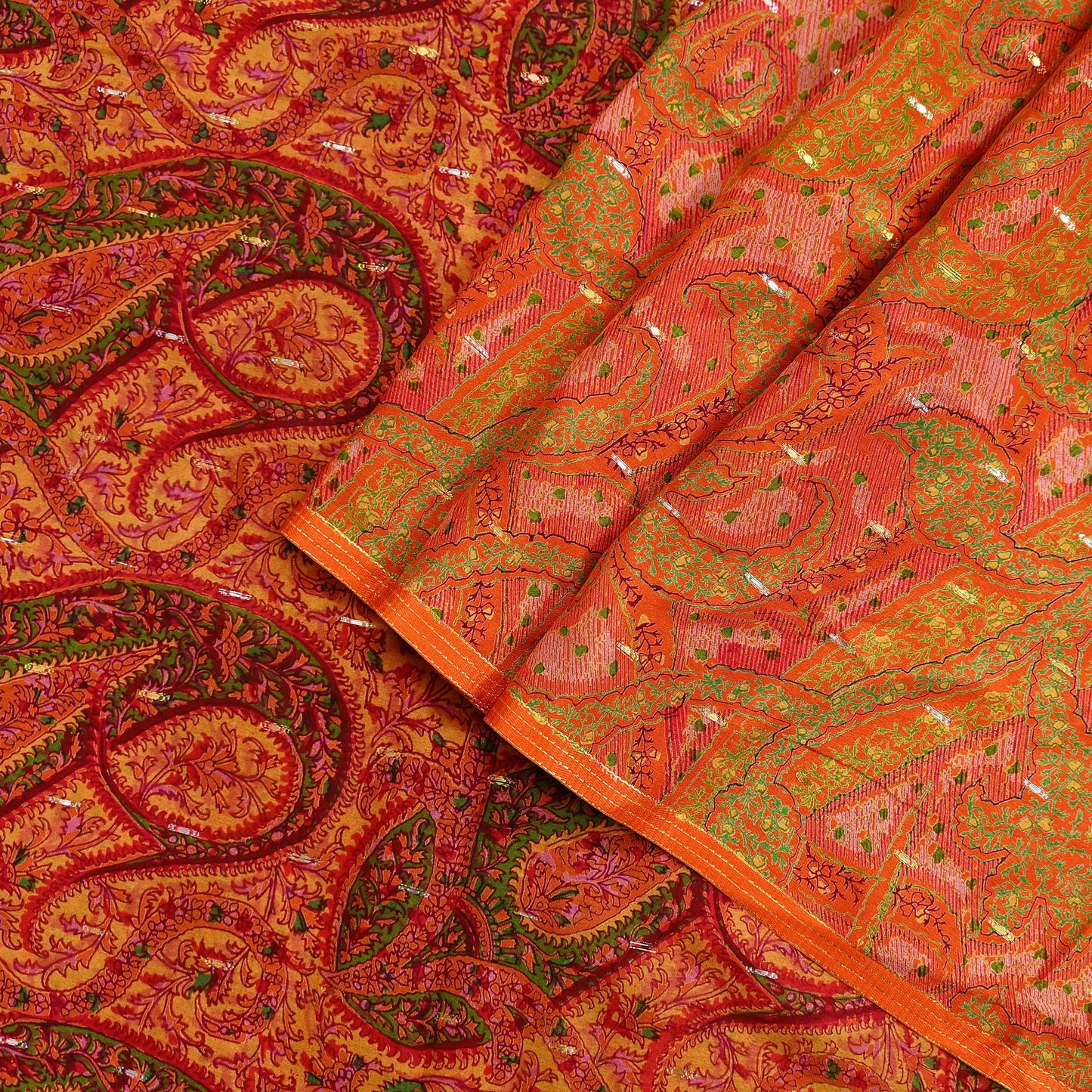 Indian Vintage Sari Orange 100% Pure Silk Printed Sarees 5yd Sewing Craft Fabric Zari Dress Making Soft Wrap Quilting Used Crafting Upcycle
