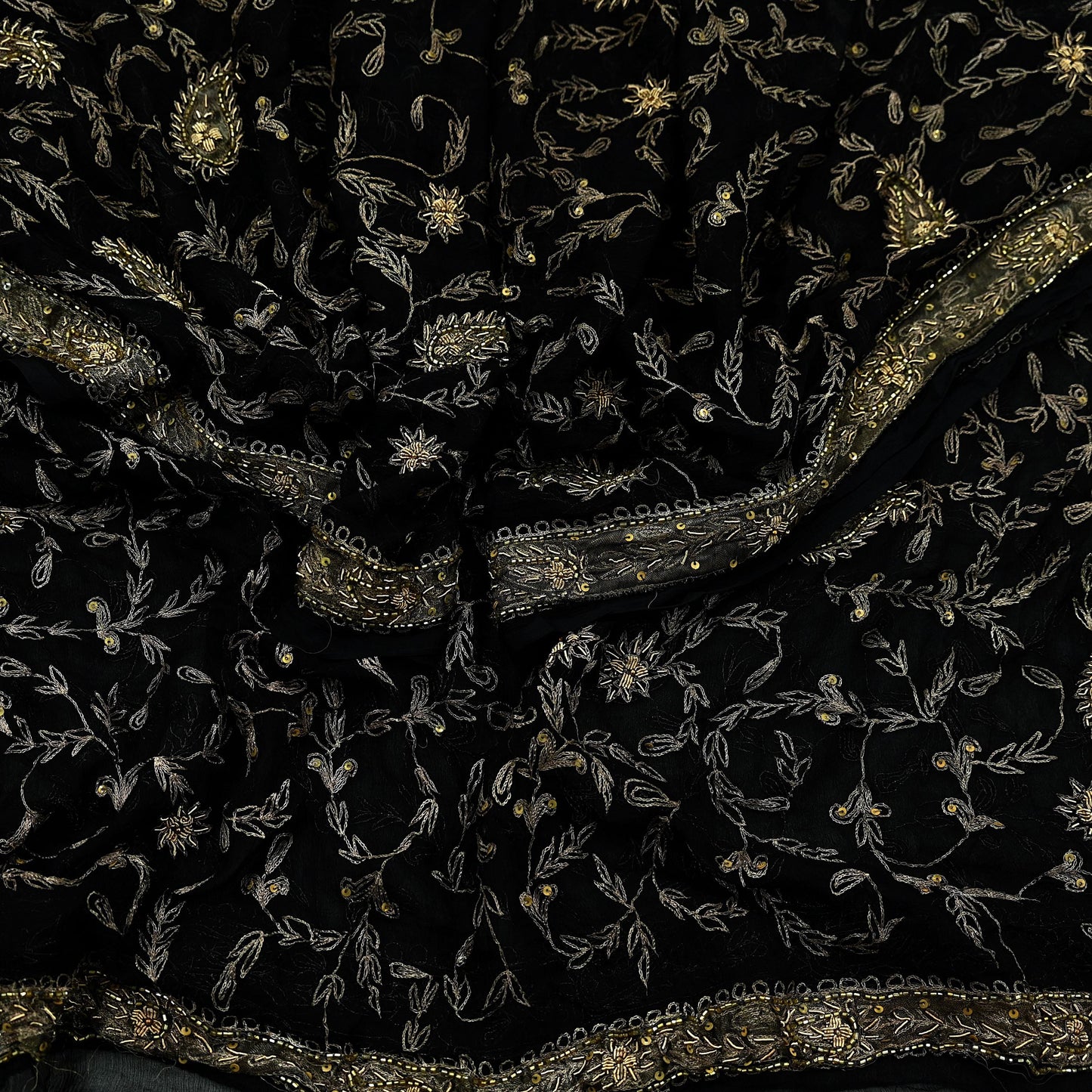 Indian Vintage Black Dupatta Pure Chiffon silk Long Stole Hand Embroidered Scarves Floral Design Stole Veil Wrap Zari Zardozi