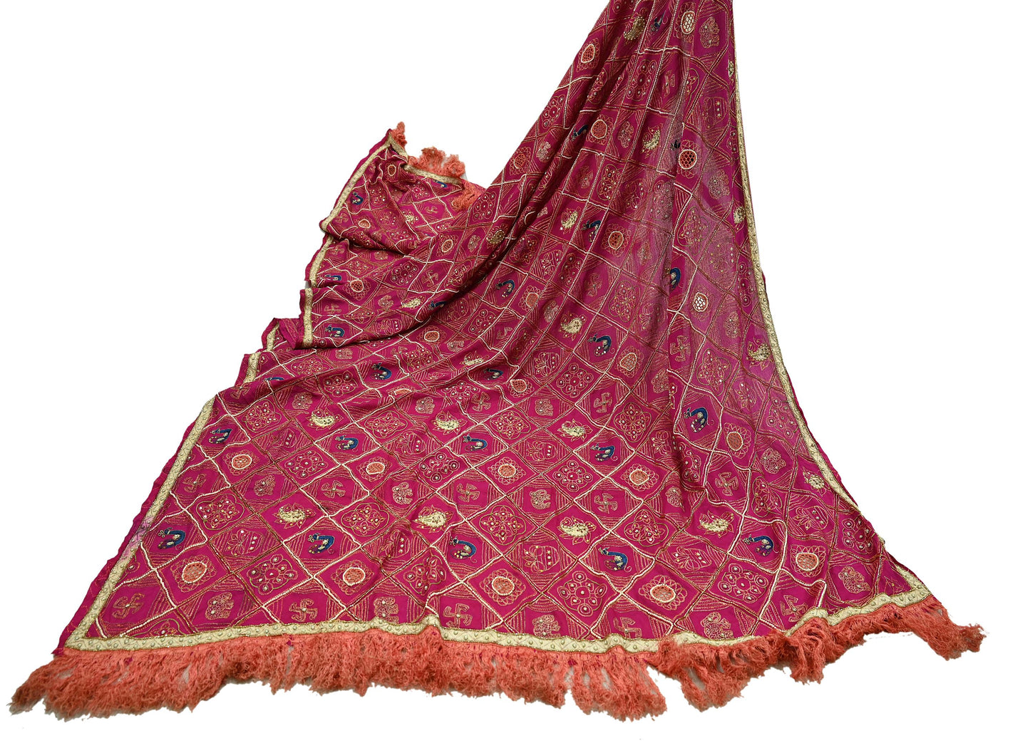 Indian Vintage Heavy Pink Dupatta Pure Silk Long Stole Hand Embroidered Bandhani Scarves Zardozi Bridal Veil Hijab Peacock/Elephants/Paisley