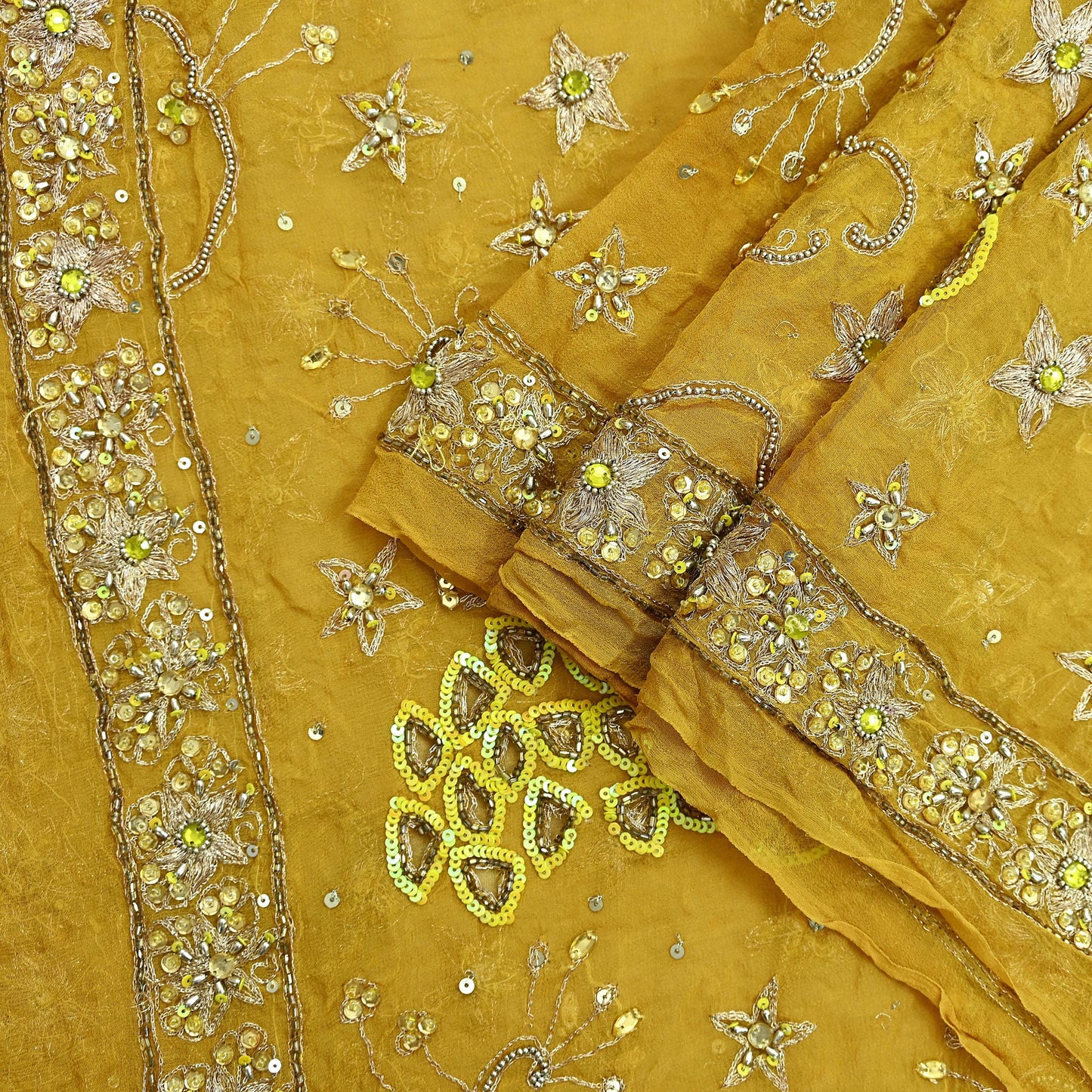 Indian Vintage Heavy Mustard Dupatta Pure Georgette Silk Long Stole Hand Embroidered Scarf Zari