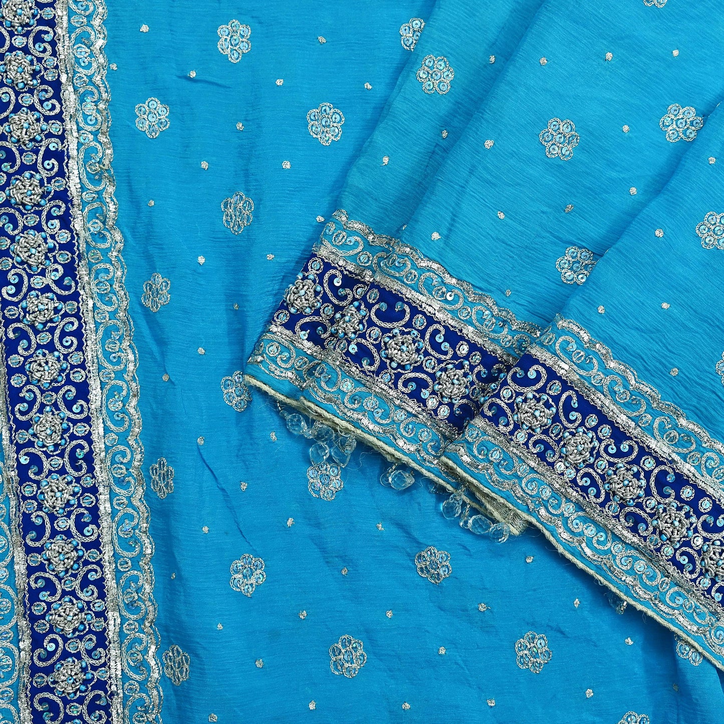 Indian Vintage Heavy Blue Dupatta Pure silk Long Stole Hand Embroidered Hijab Scarves Veil Wrap Glass Beaded Velvet Patch