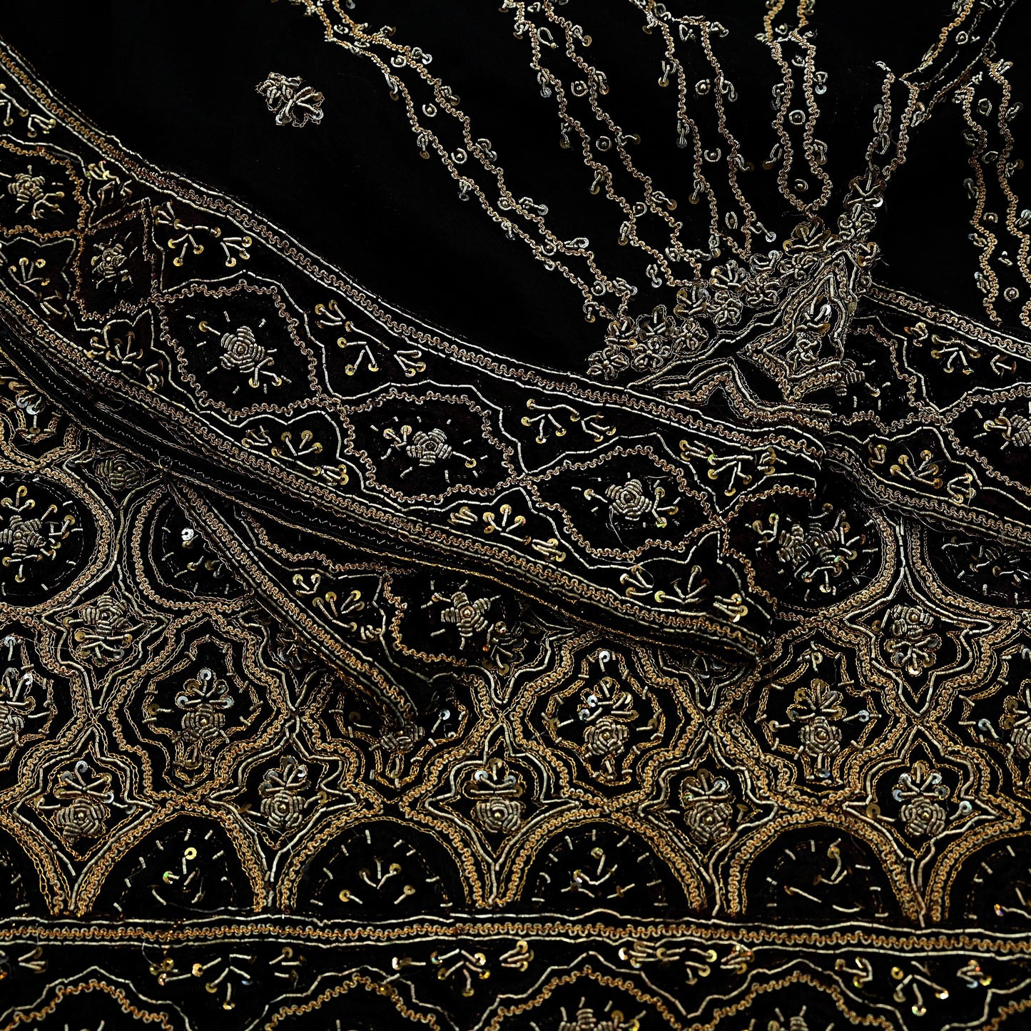 Indian Vintage Heavy Wedding Black Dupatta Pure Organza Silk Long Stole Hand Embroidered Scarves Zardozi Zari Bridal Veil Wrap Hijab