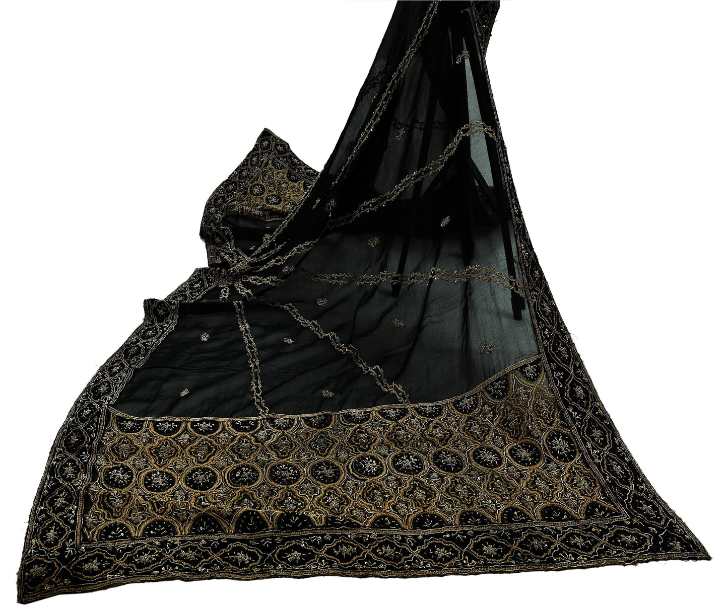 Indian Vintage Heavy Wedding Black Dupatta Pure Organza Silk Long Stole Hand Embroidered Scarves Zardozi Zari Bridal Veil Wrap Hijab