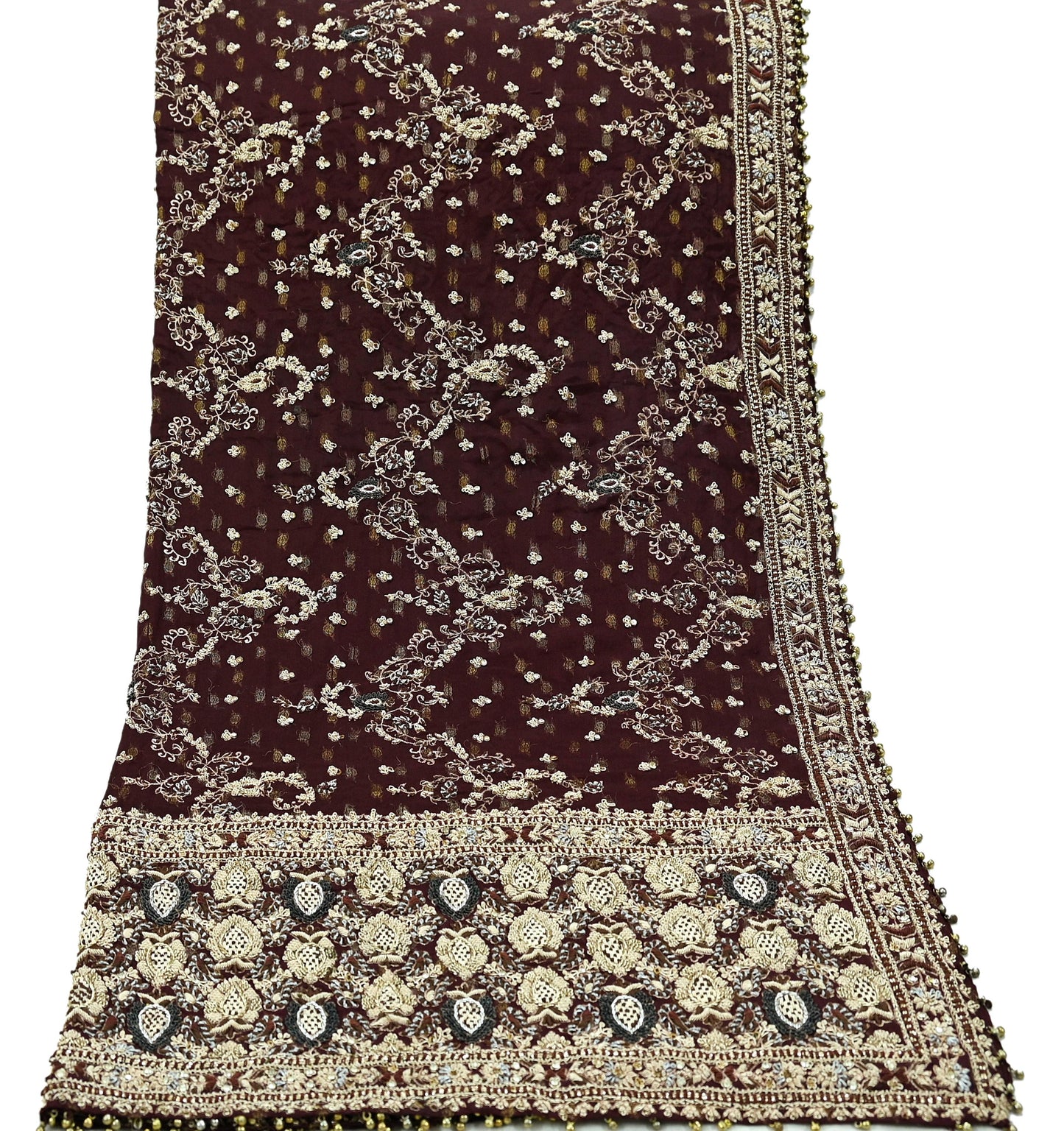 Indian Vintage Heavy Bridal Maroon Dupatta Pure Silk Long Stole Hand Embroidered Scarves Dabka Zardozi Zari Wedding Veil