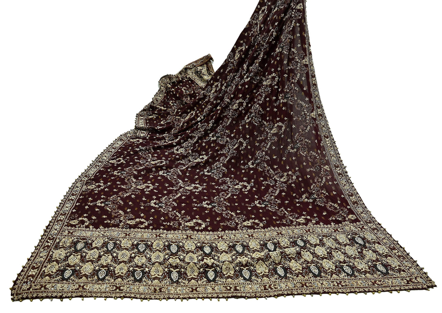 Indian Vintage Heavy Bridal Maroon Dupatta Pure Silk Long Stole Hand Embroidered Scarves Dabka Zardozi Zari Wedding Veil
