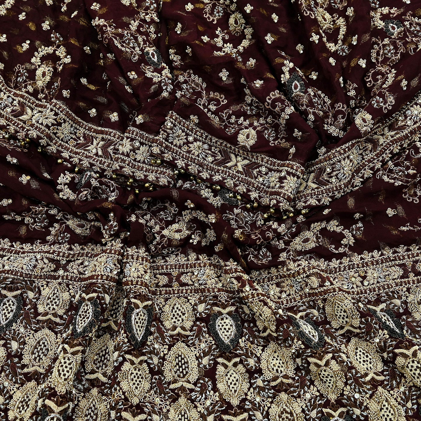 Indian Vintage Heavy Bridal Maroon Dupatta Pure Silk Long Stole Hand Embroidered Scarves Dabka Zardozi Zari Wedding Veil