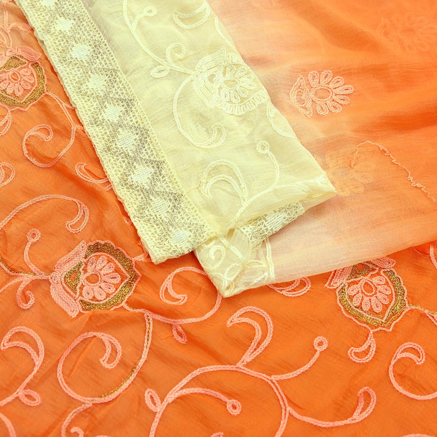 Indian Vintage Sari Ivory & Orange Pure Chiffon Silk Hand Embroidered Sarees Craft Fabric 5Yd Dress Making Sewing Zari
