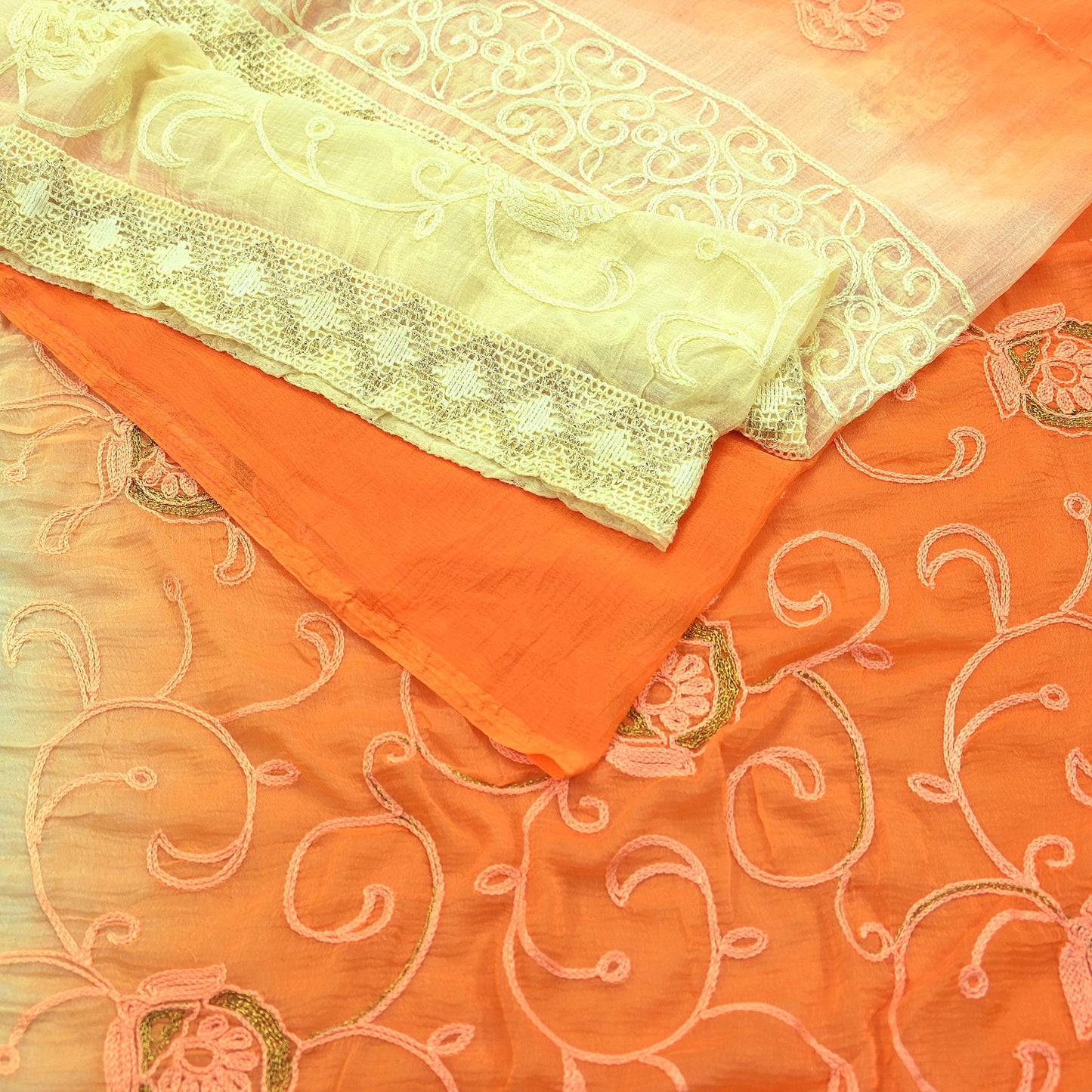 Indian Vintage Sari Ivory & Orange Pure Chiffon Silk Hand Embroidered Sarees Craft Fabric 5Yd Dress Making Sewing Zari
