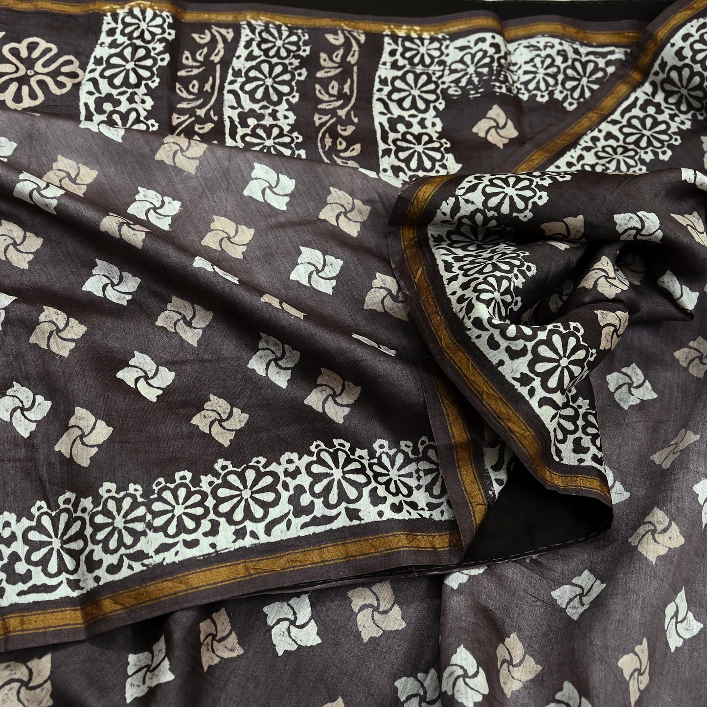 Indian Vintage Sari Brown & Ivory Pure chanderi Silk Block Printed Sarees Craft Fabric 5Yd Floral Dress making bollywood silk sarees