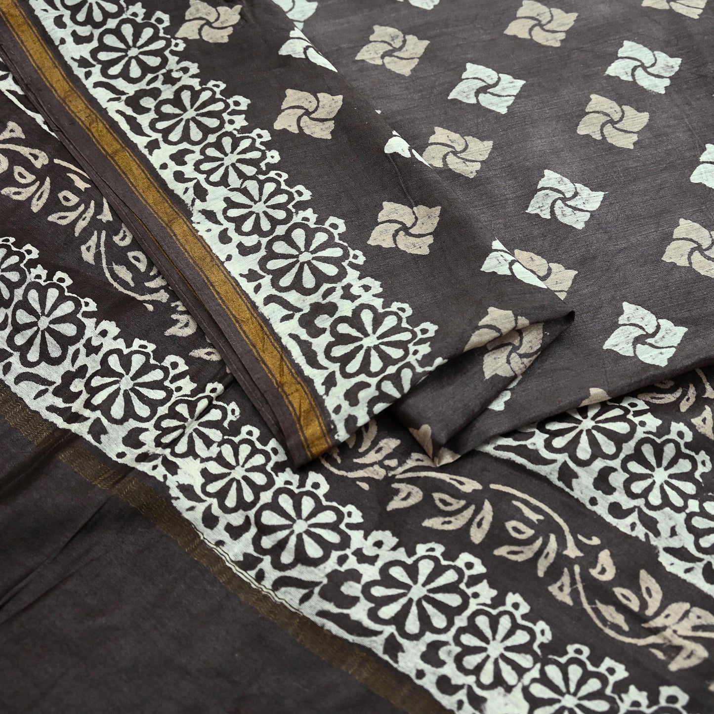 Indian Vintage Sari Brown & Ivory Pure chanderi Silk Block Printed Sarees Craft Fabric 5Yd Floral Dress making bollywood silk sarees