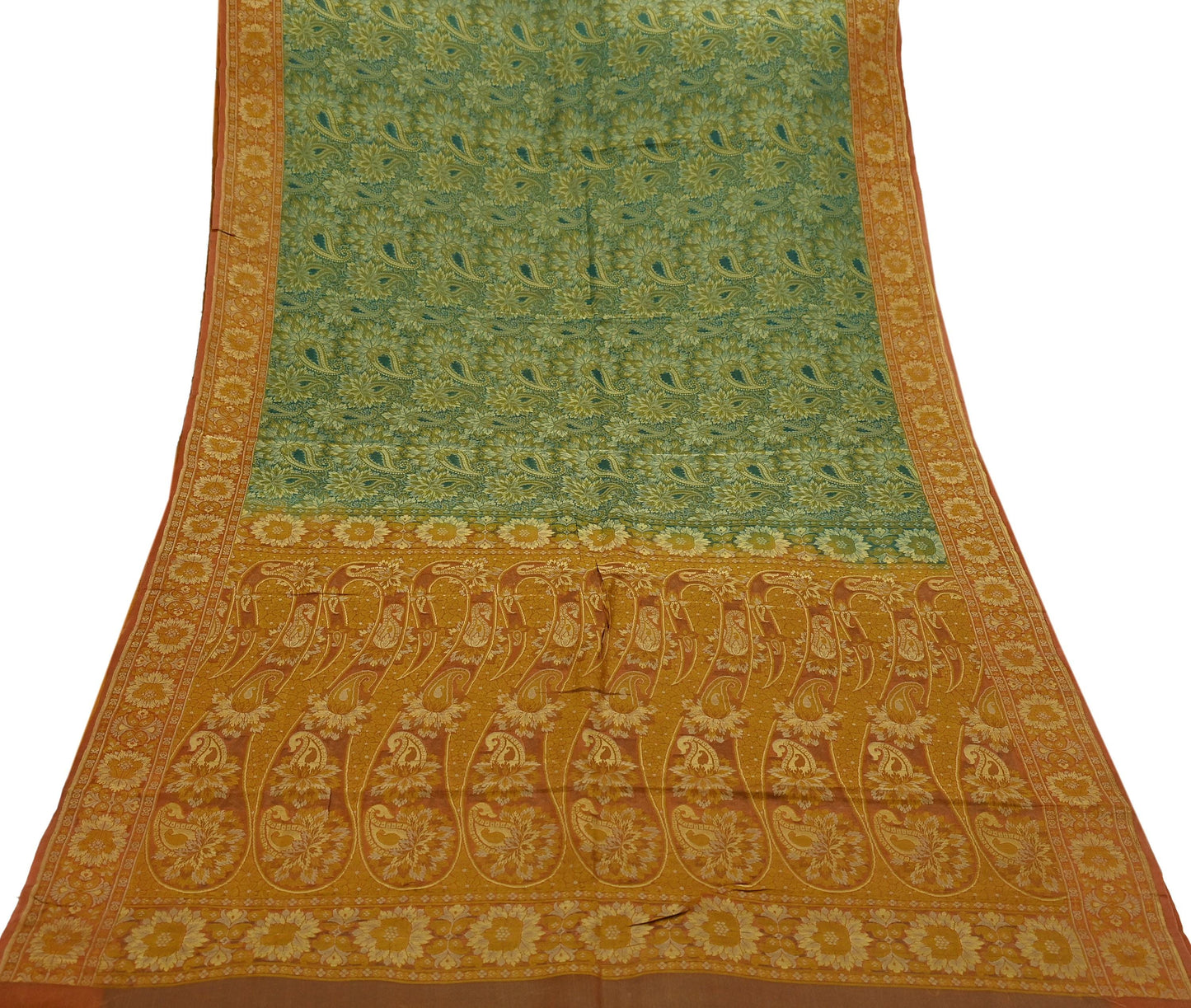 Indian Vintage Sari Orange & Green 100% Pure Silk Hand Woven Sarees Craft Fabric 5Yd Ethnic Sewing Dress making Crafting Quilting Upcycle